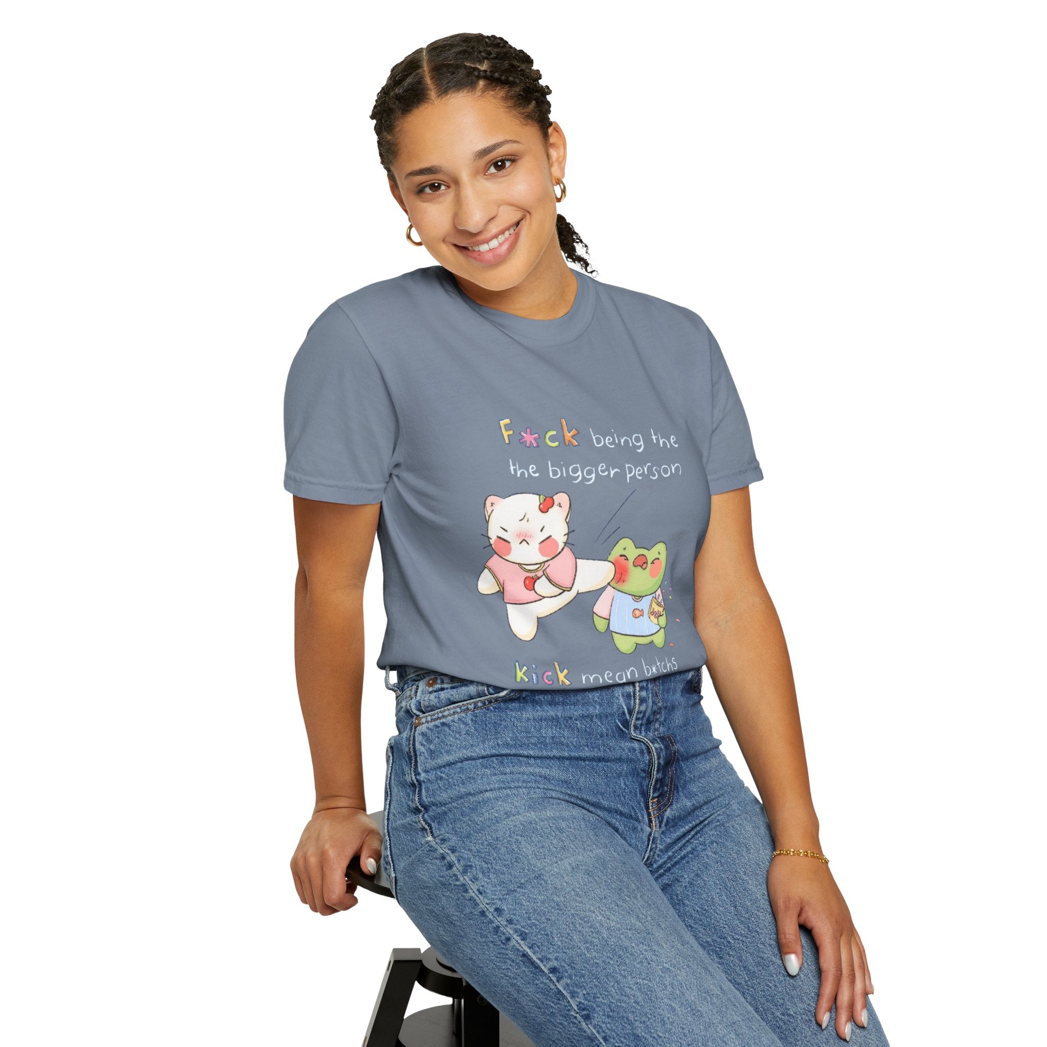Graphic T-Shirt  Cute Kicking Cat & Frog with 'F*ck Being The Bigger Person' Slogan
