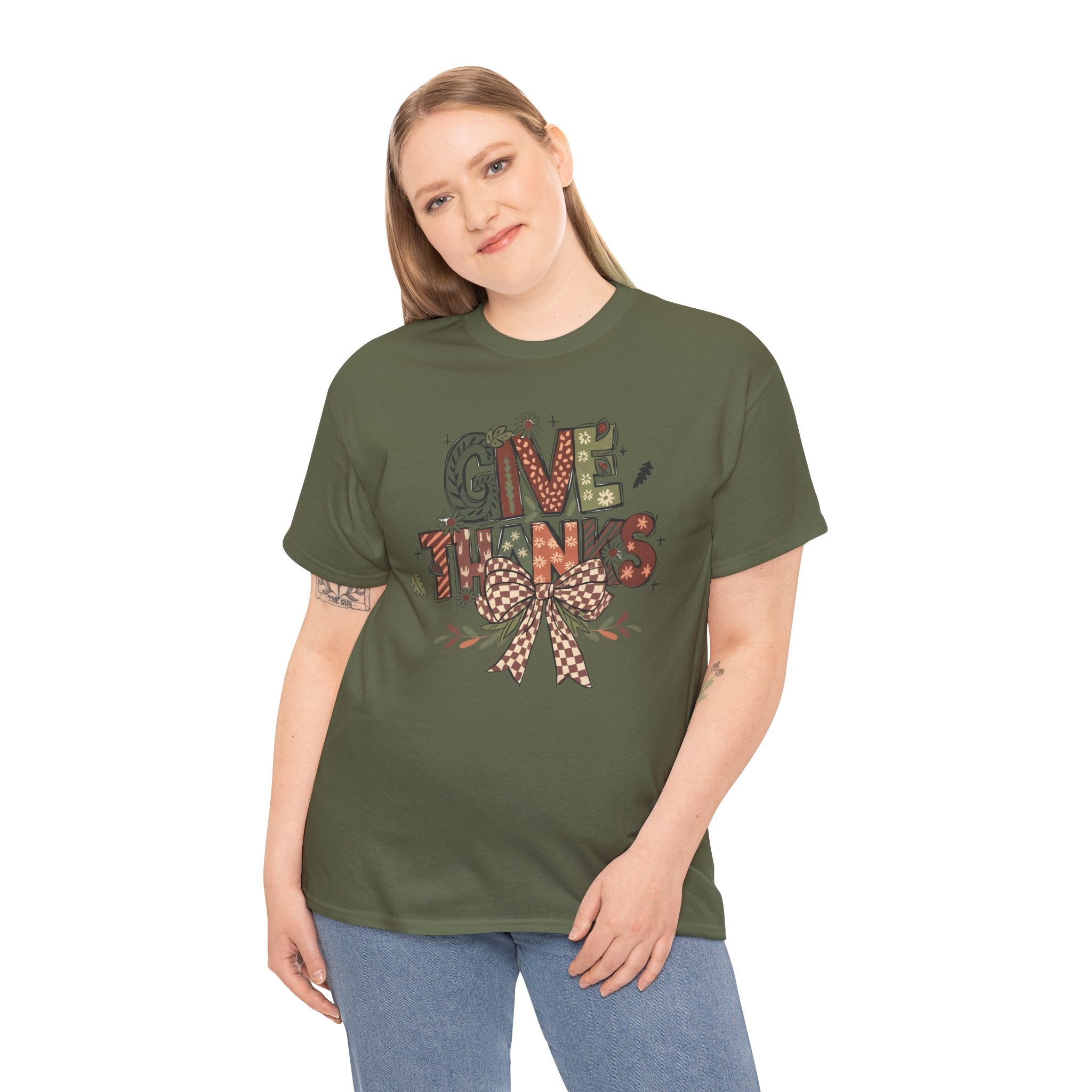 Give Thanks Tee Thanksgiving Graphic T-Shirt with Rustic Bow Design