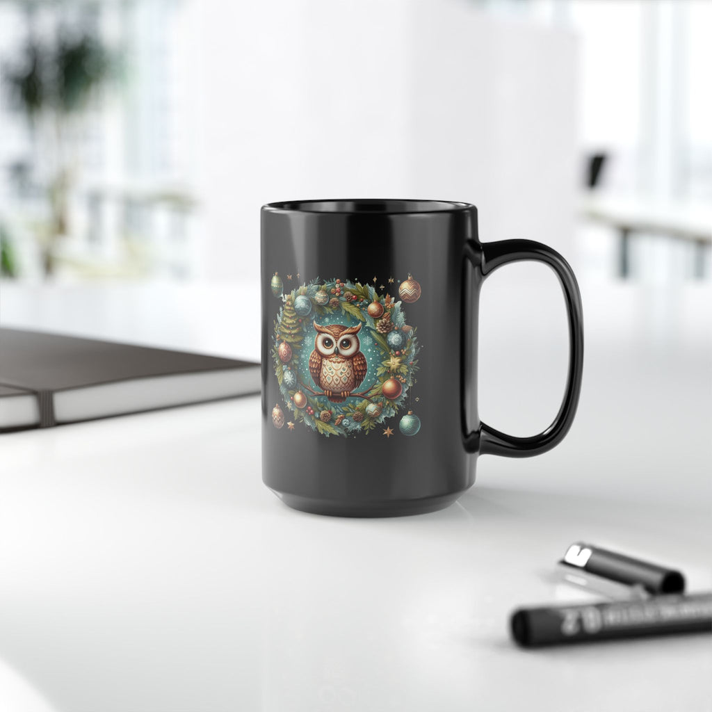 Fun Celebration Mug Coffee Cup for Special Moments & Positive Vibes Festive Owl Holiday Mug - 15oz Black Ceramic Coffee Cup