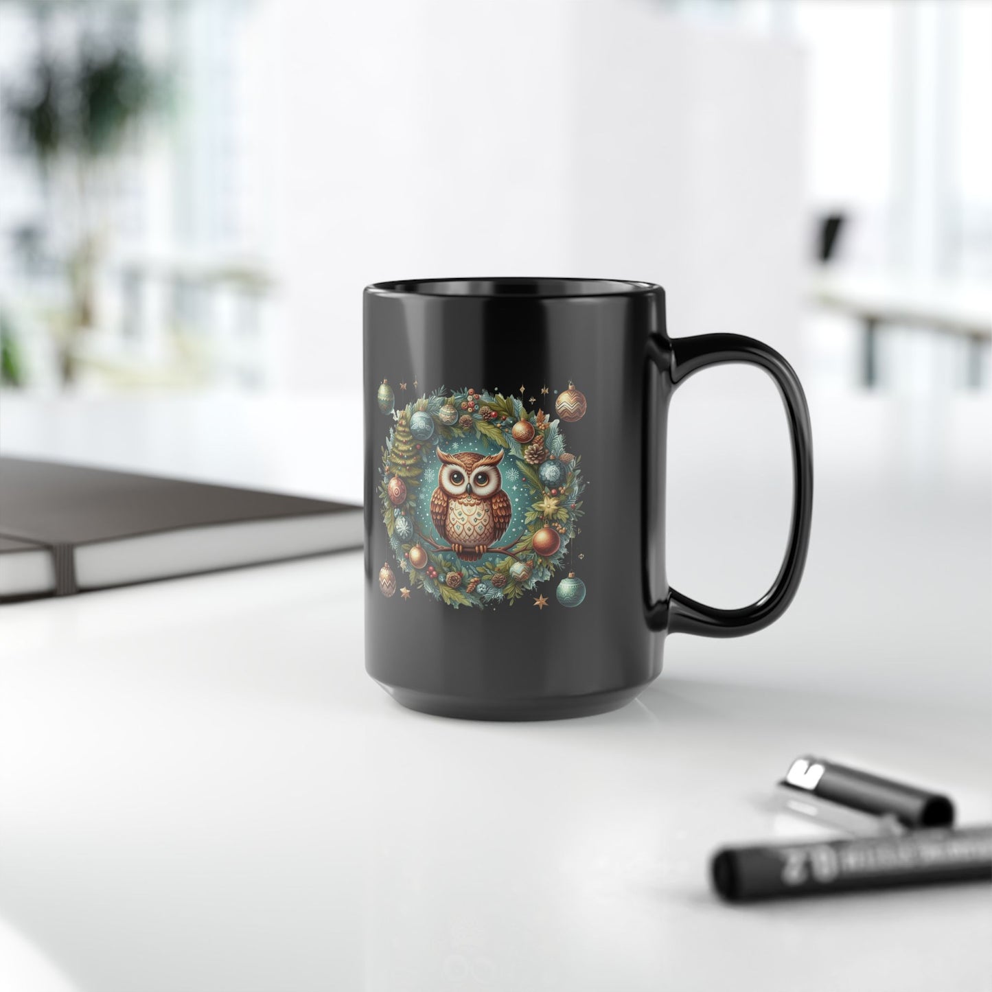 Fun Celebration Mug Coffee Cup for Special Moments & Positive Vibes Festive Owl Holiday Mug - 15oz Black Ceramic Coffee Cup