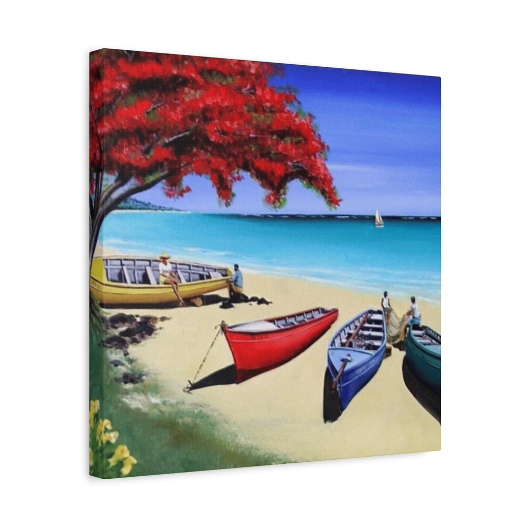 Beach Canoes Canvas Wall Art Tropical Seaside Landscape Matte Stretched Canvas