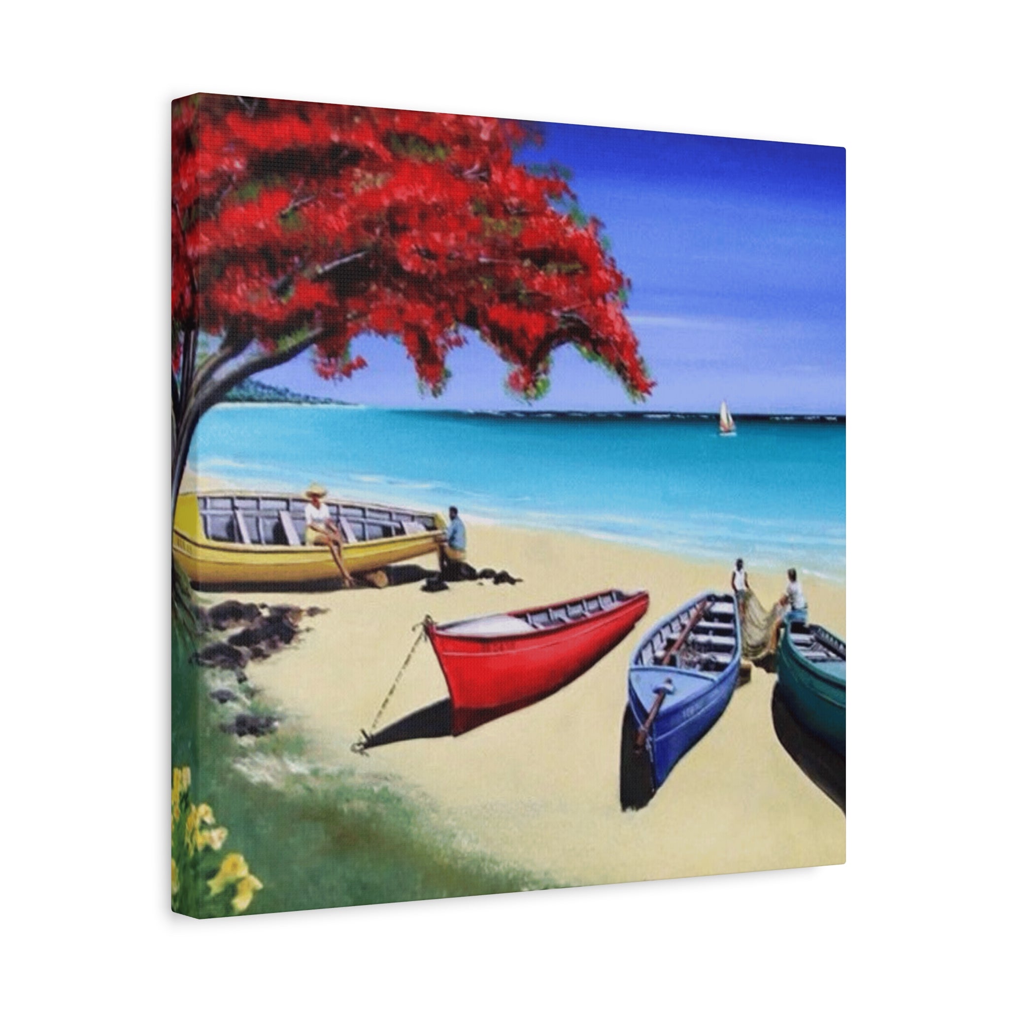Beach Canoes Canvas Wall Art Tropical Seaside Landscape Matte Stretched Canvas