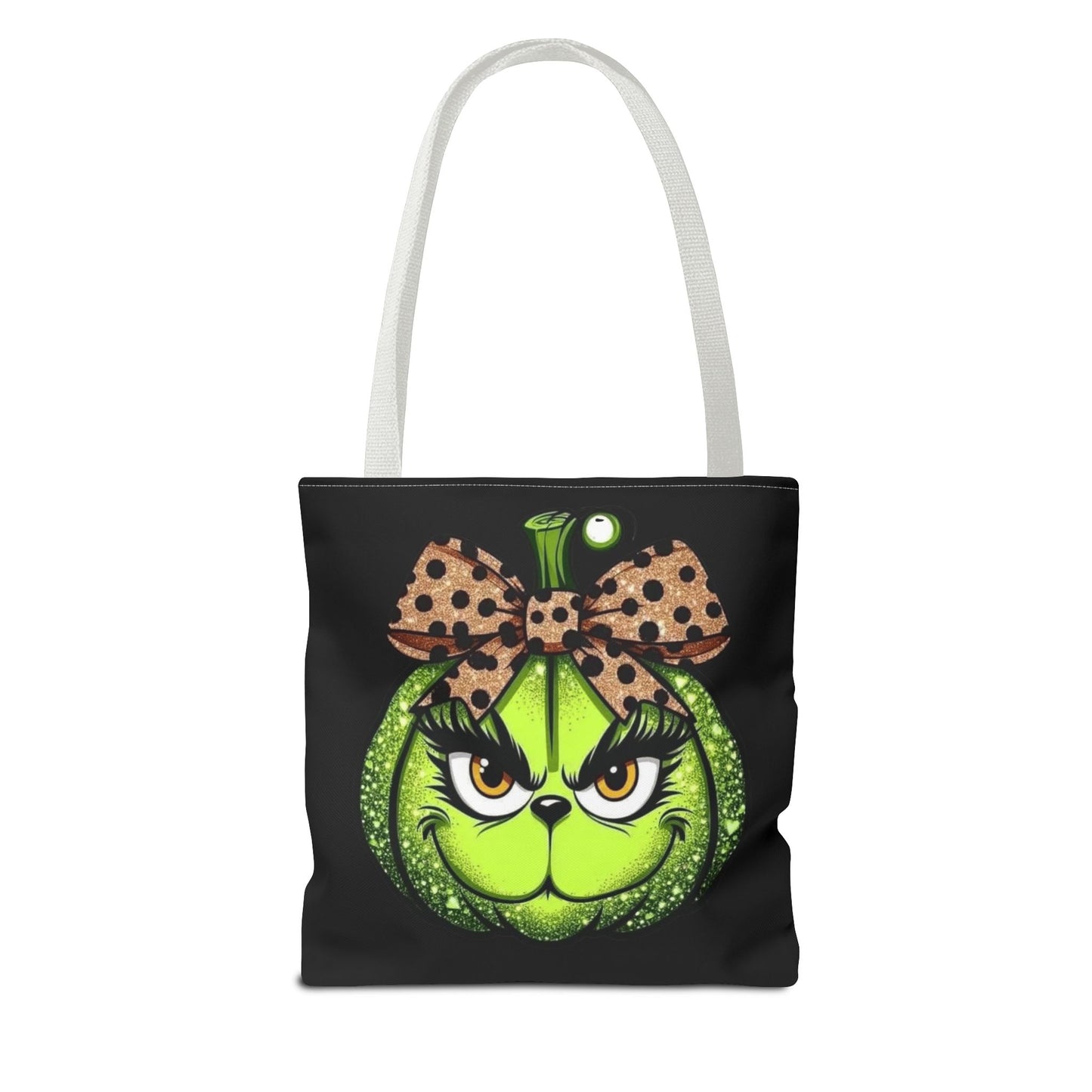 Grinch-Inspired Tote Bag with Polka Dot Bow Christmas Tote Bag Festive Holiday Design