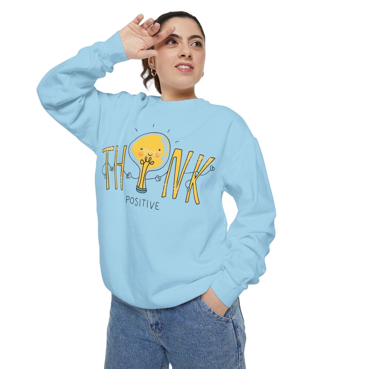 Think Positive Sweatshirt  Cute Lightbulb Graphic Positive Vibes Crewneck