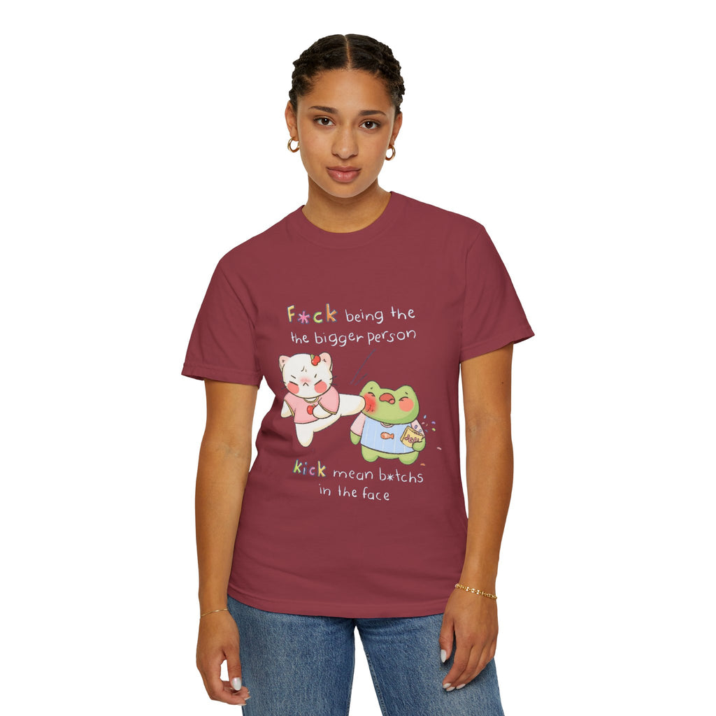Graphic T-Shirt  Cute Kicking Cat & Frog with 'F*ck Being The Bigger Person' Slogan