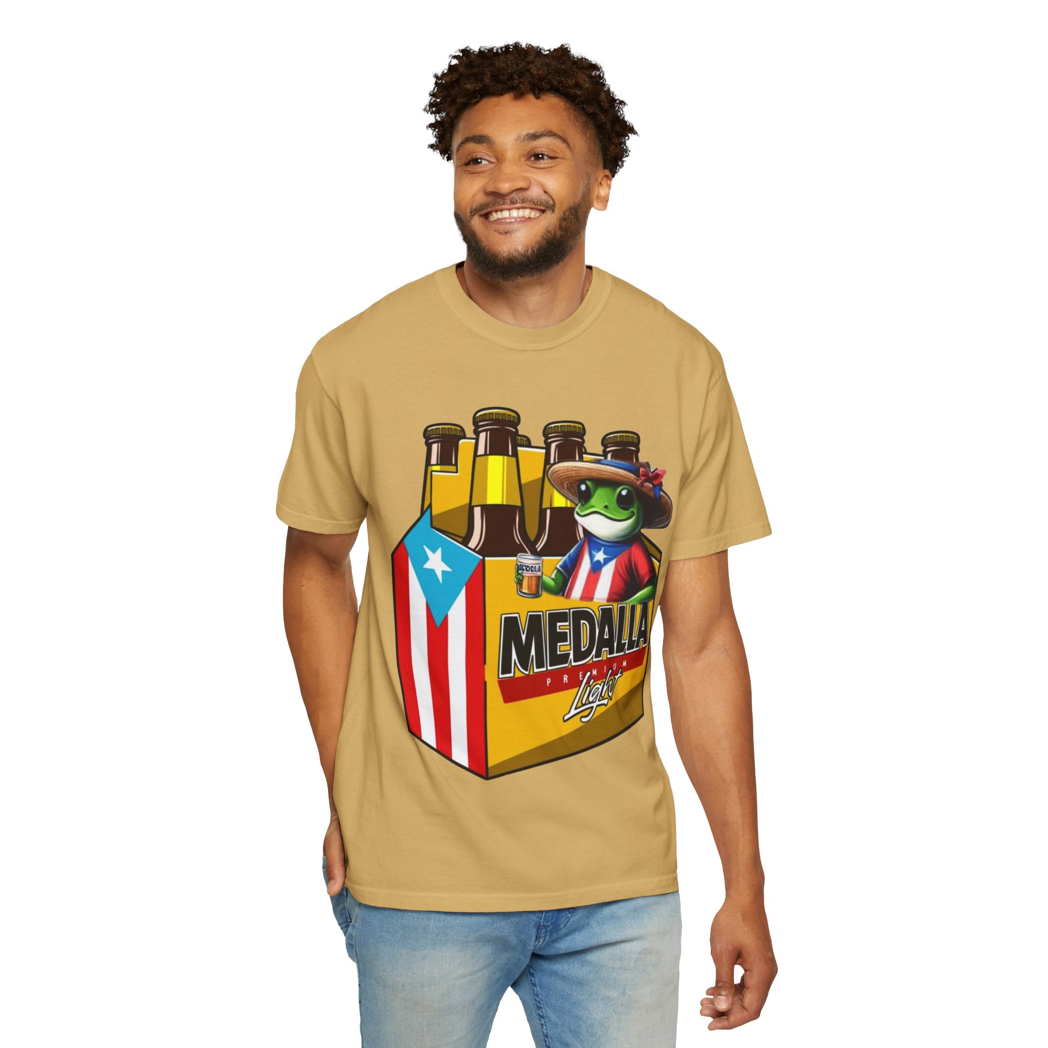 Medalla Light Puerto Rican Beer T-Shirt Coqui Frog Mascot Six-Pack Graphic Tee Puerto Rico’s Navidades