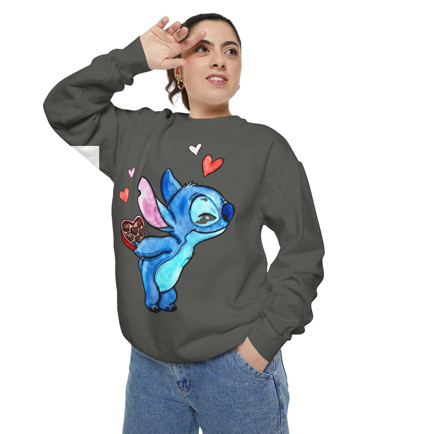 Stitch Valentine Sweatshirt — Cute Blue Alien with Hearts & Chocolate Pocket