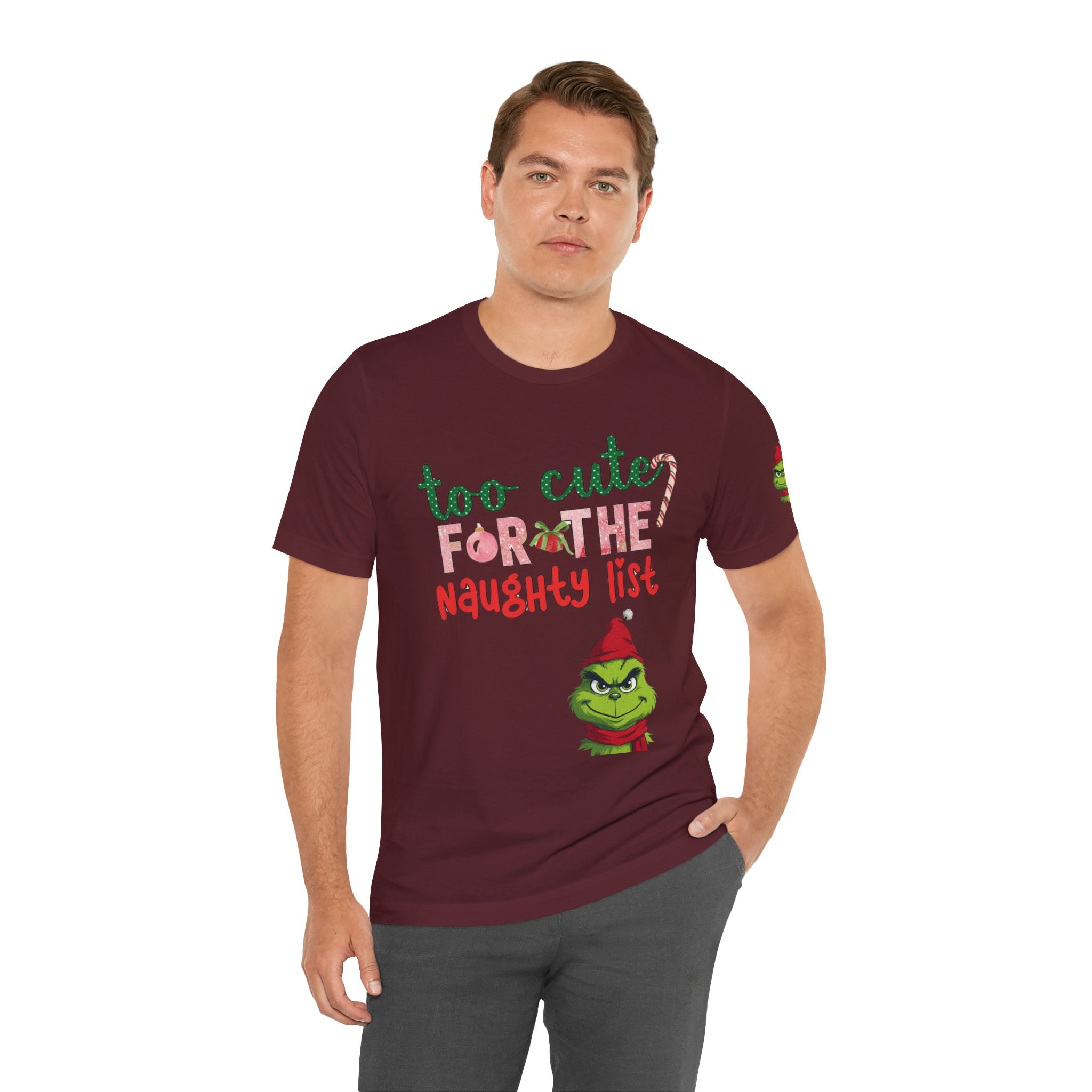 Christmas T-Shirts and Sweatshirts Collection Cute Grinch Holiday Tee 'Too Cute for the Naughty List' Unisex Jersey T-Shirt