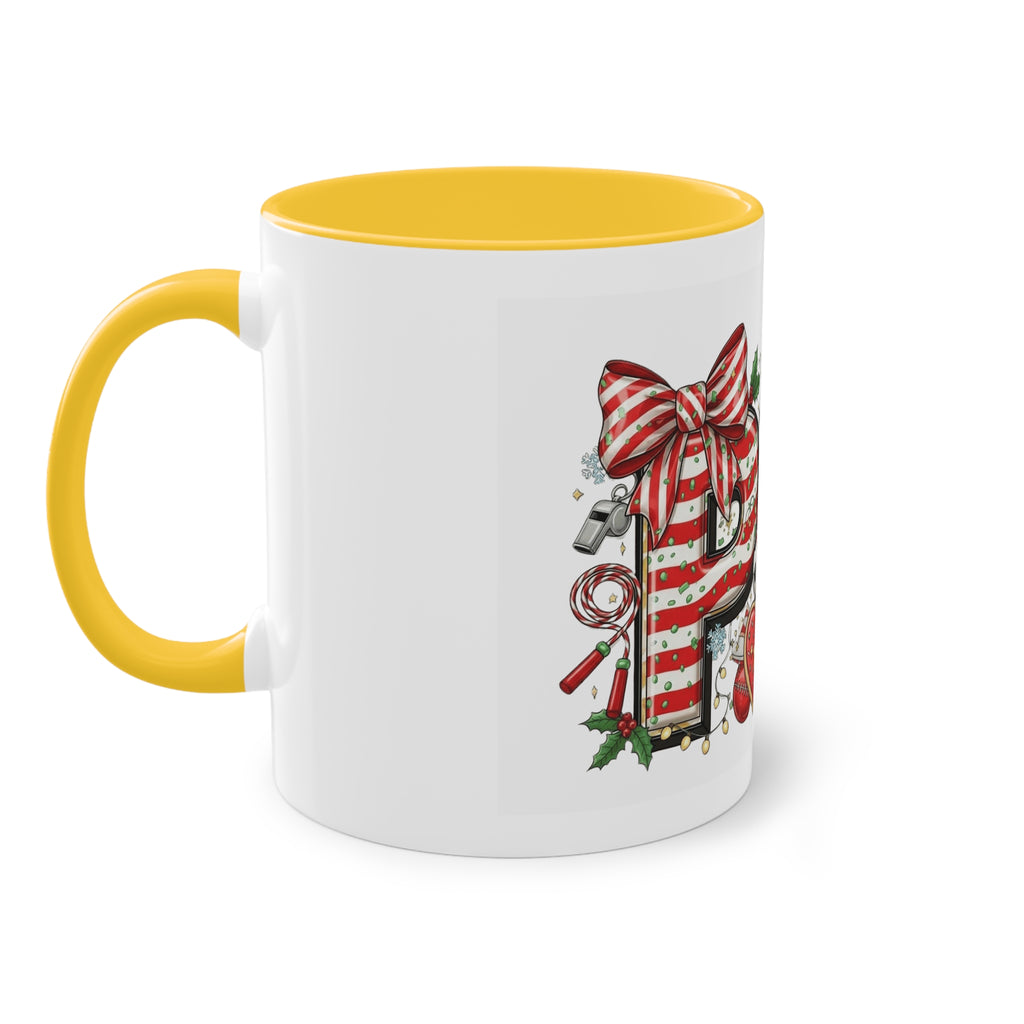 Holiday Sports Mom Coffee Mug Festive 'PE' Candy-Stripe Design, 11oz Two-Tone School Staff Christmas Mug Collection,