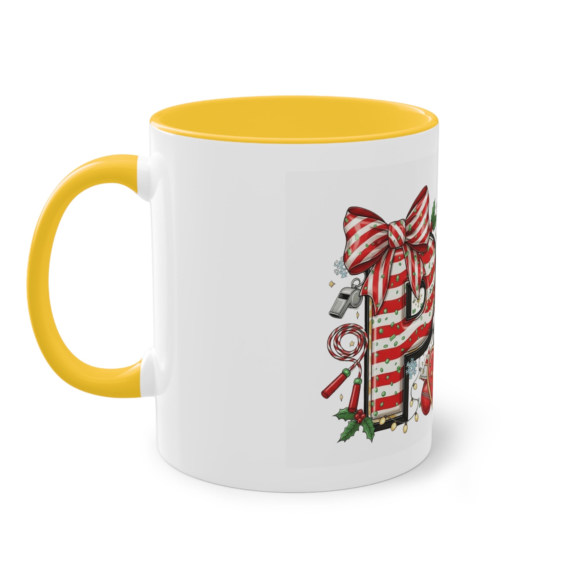 Holiday Sports Mom Coffee Mug Festive 'PE' Candy-Stripe Design, 11oz Two-Tone School Staff Christmas Mug Collection,