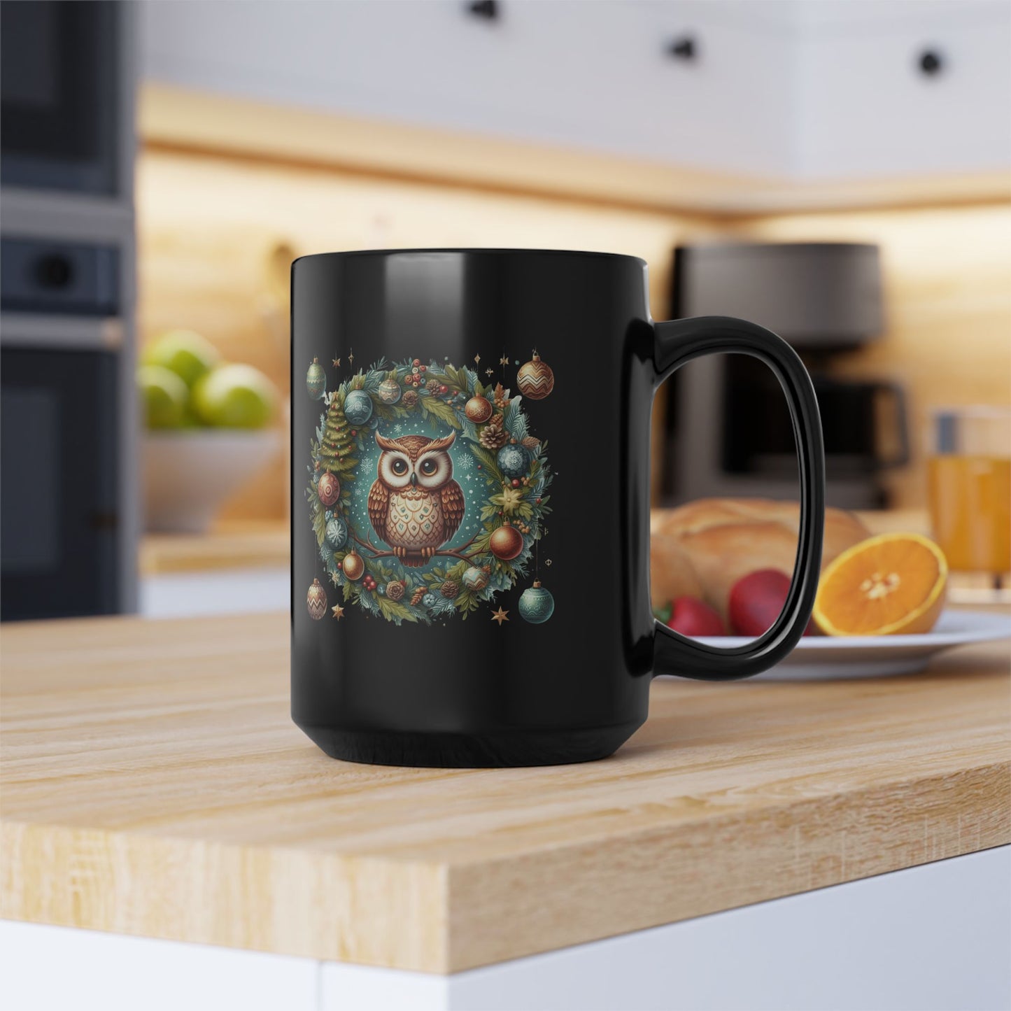 Fun Celebration Mug Coffee Cup for Special Moments & Positive Vibes Festive Owl Holiday Mug - 15oz Black Ceramic Coffee Cup