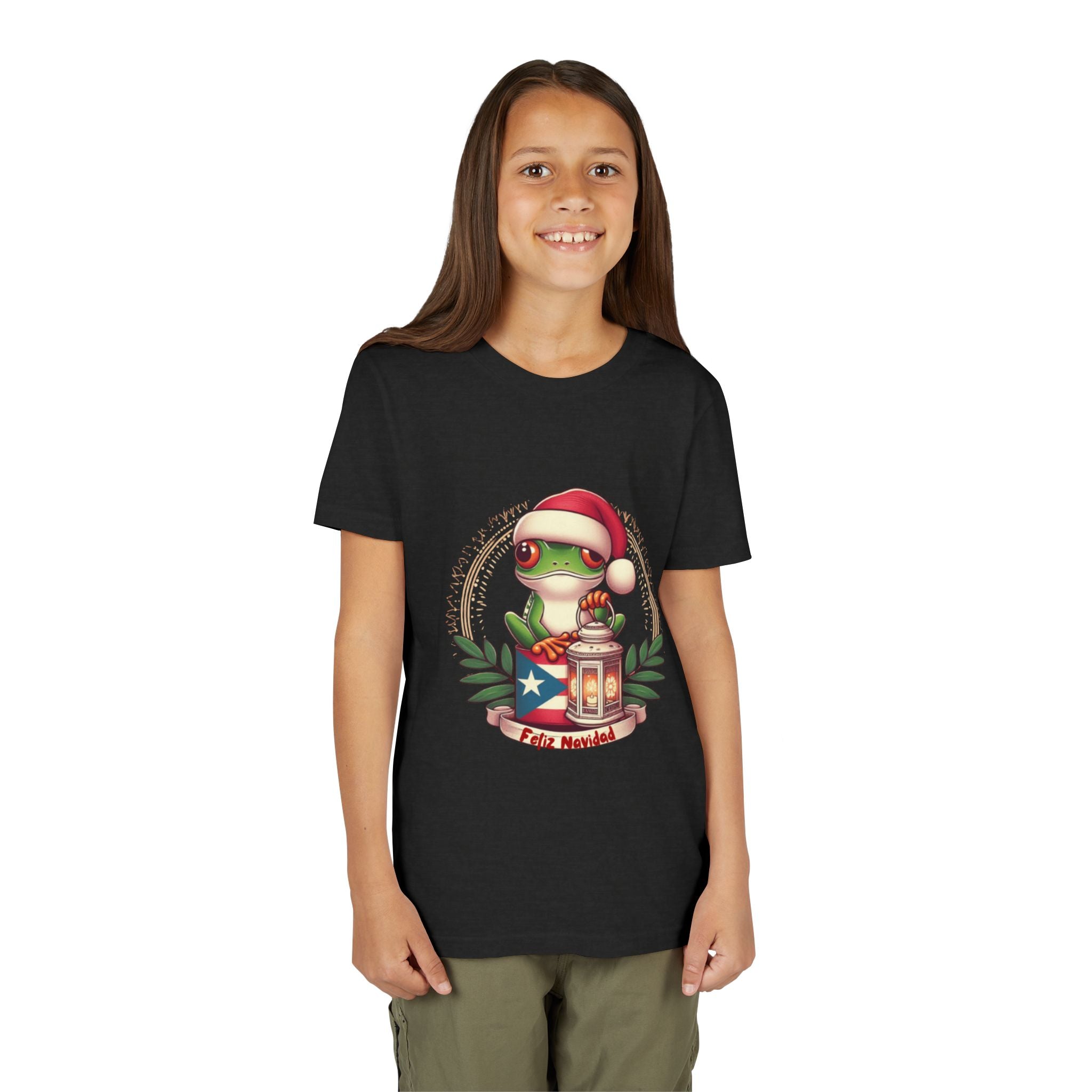 Kids Tee Cute Frog with Puerto Rican Flag & Lantern (Feliz Navidad)
