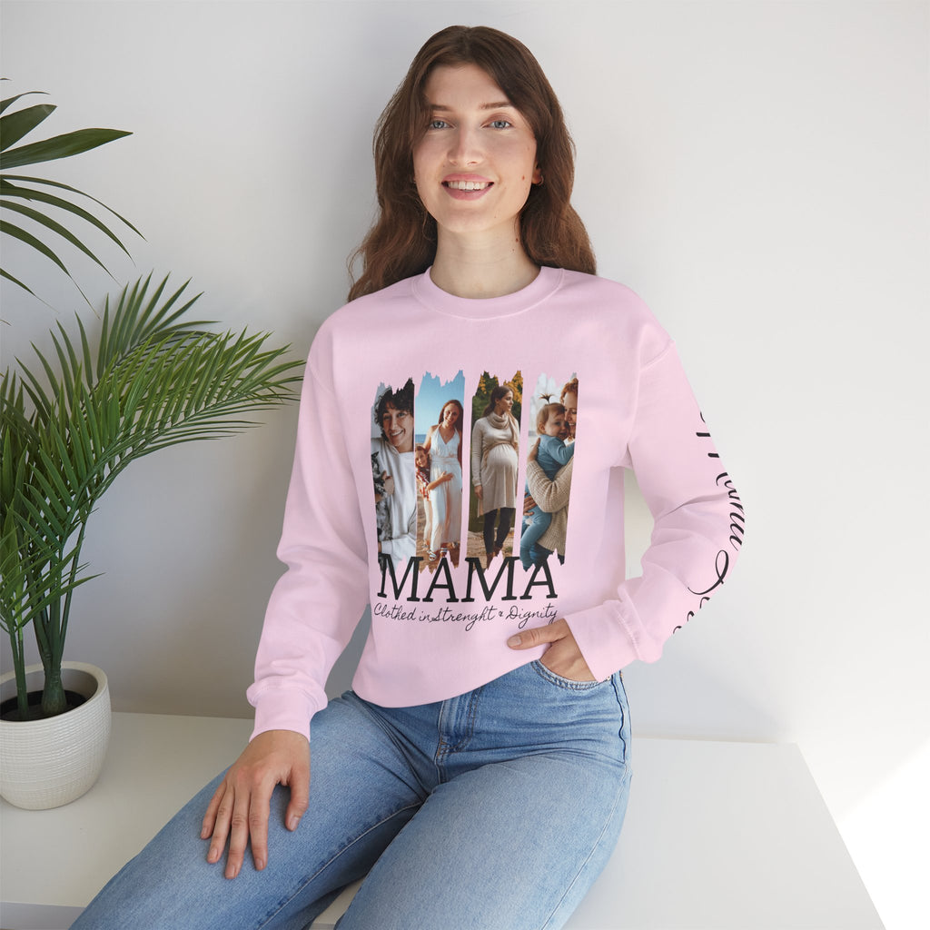 Mama Photo Collage Sweatshirt — "MAMA: clothed in strength & dignity" Sleeve Script
