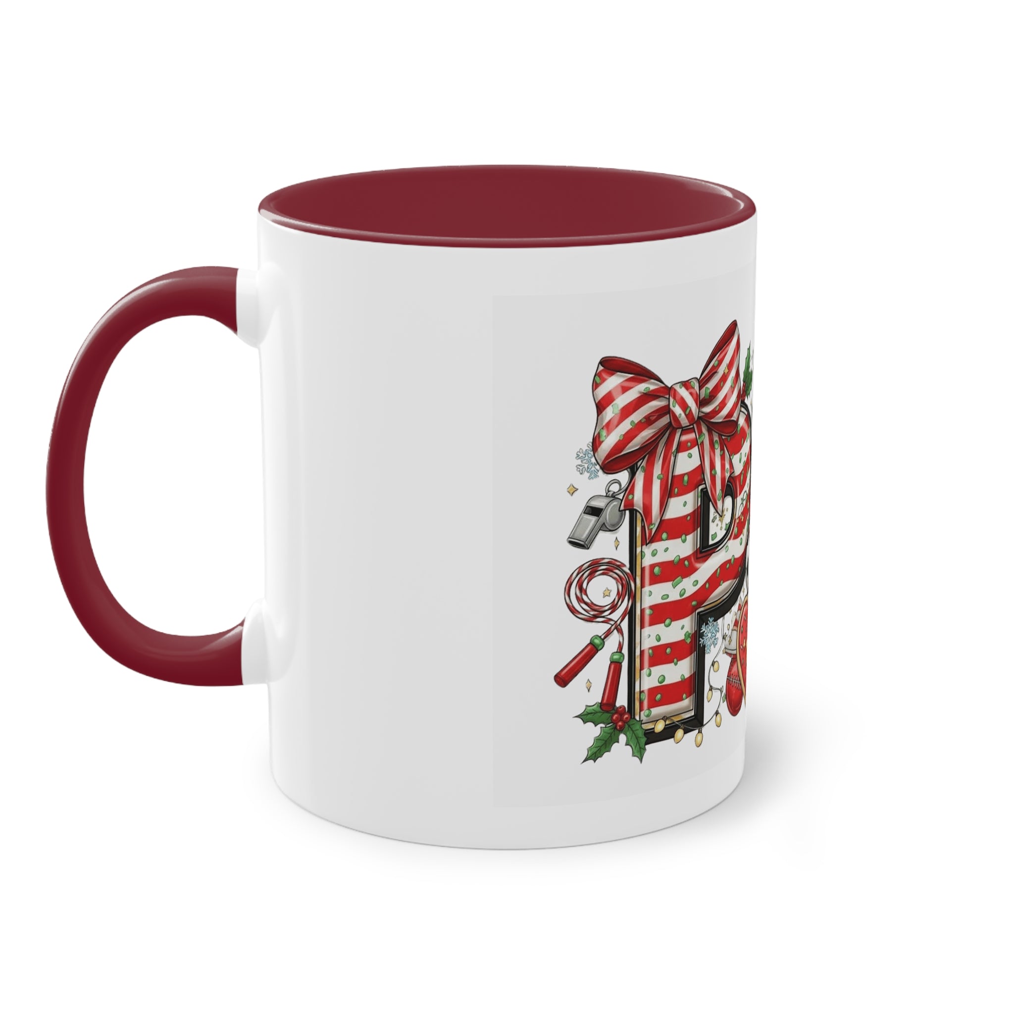 Holiday Sports Mom Coffee Mug Festive 'PE' Candy-Stripe Design, 11oz Two-Tone School Staff Christmas Mug Collection,