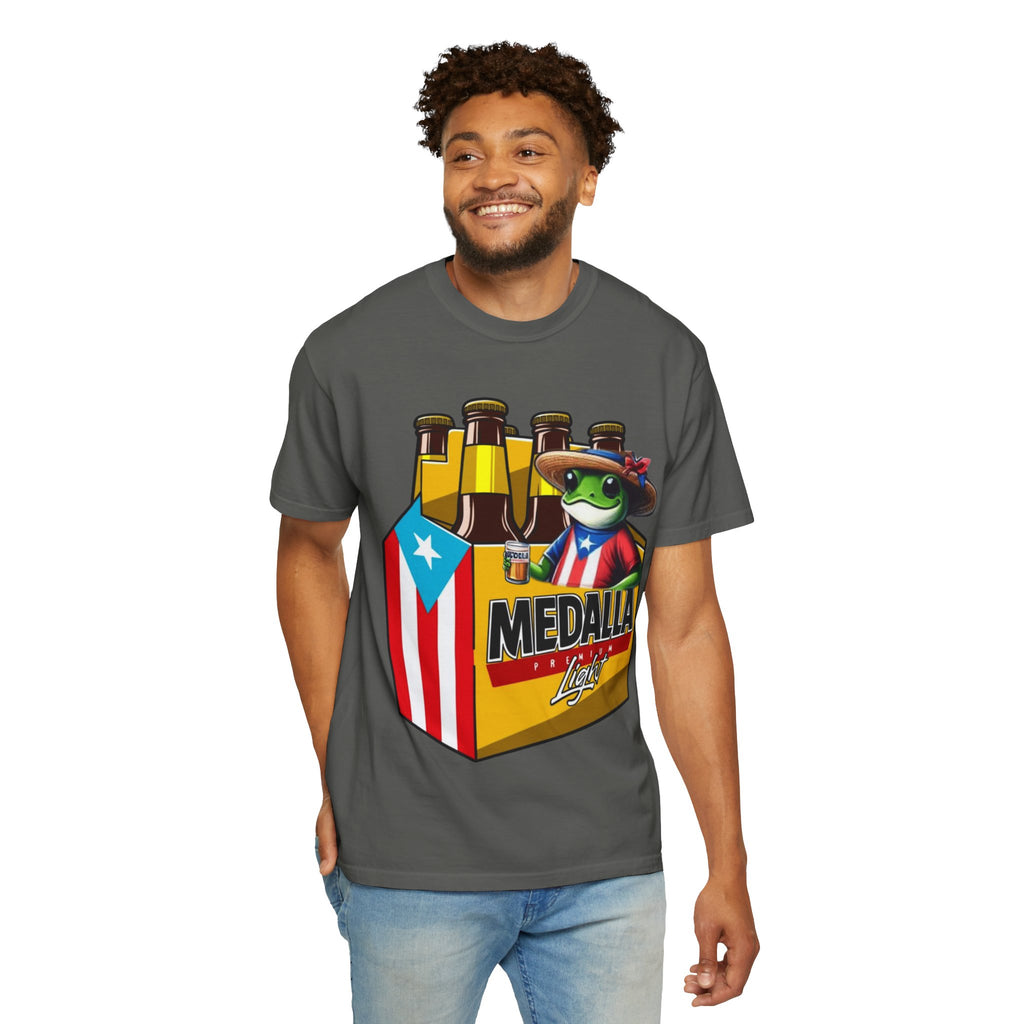 Medalla Light Puerto Rican Beer T-Shirt Coqui Frog Mascot Six-Pack Graphic Tee Puerto Rico’s Navidades