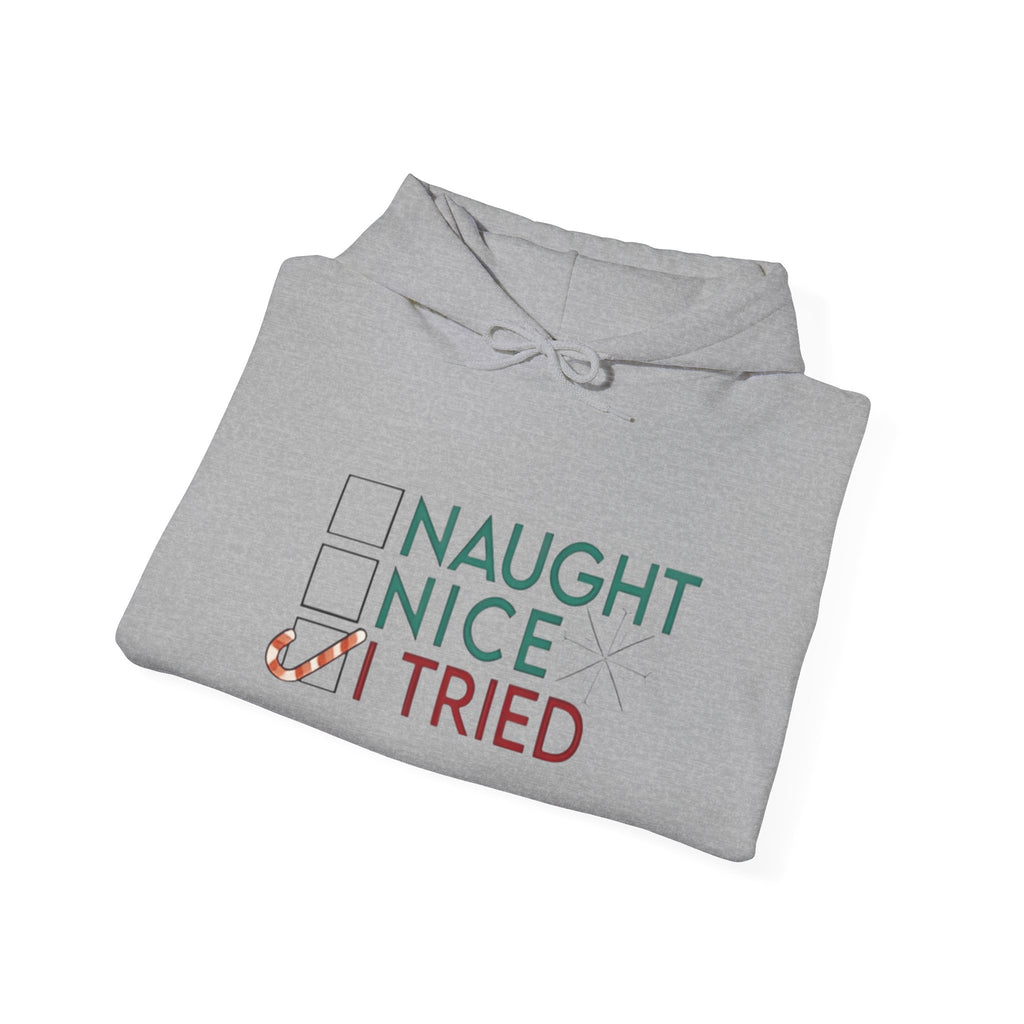 Holiday Hoodie — "Naughty, Nice, I Tried" Funny Christmas Sweatshirt