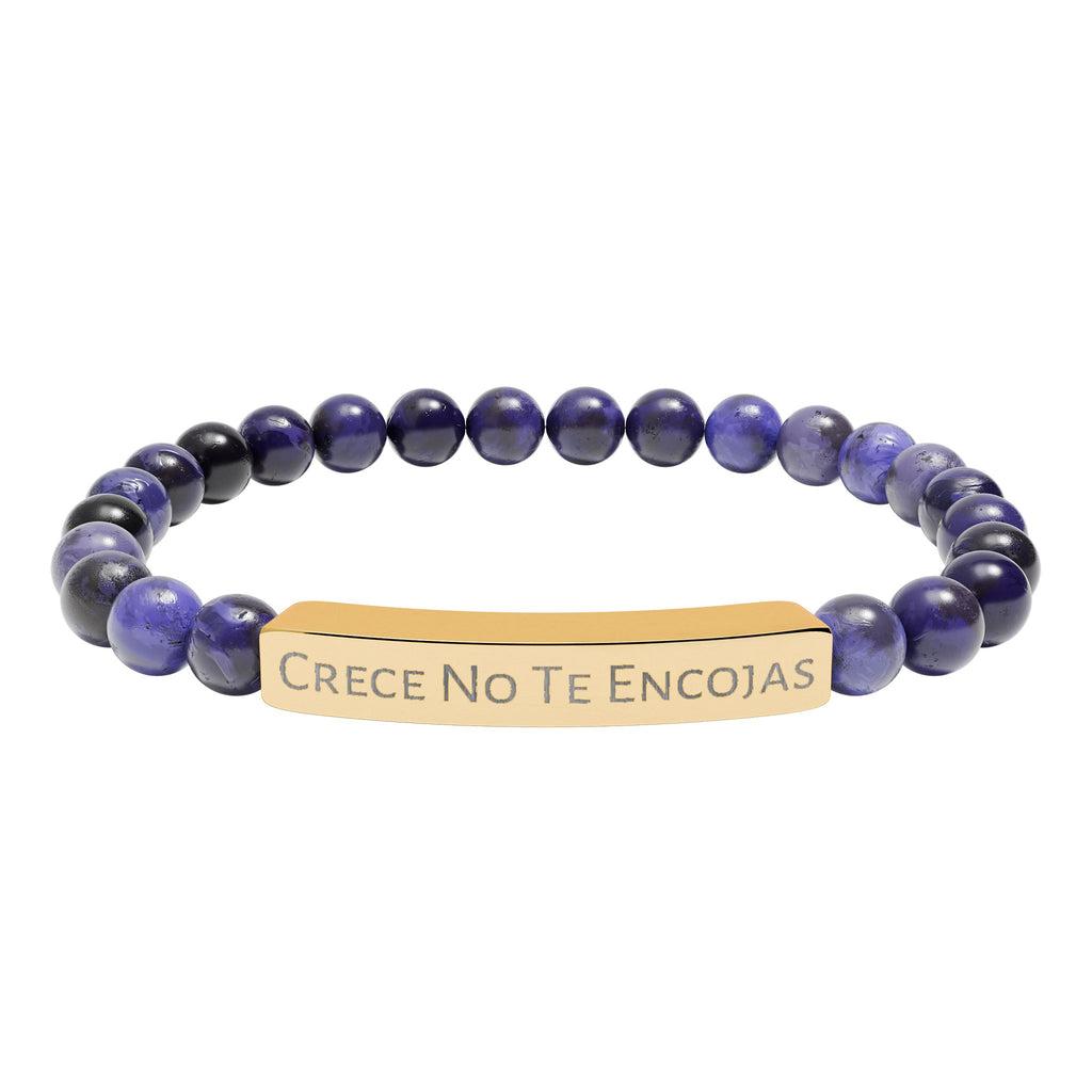 Engraved Natural Stone Stretch Bracelet — "Crece No Te Rindas" Affirmation Bar
