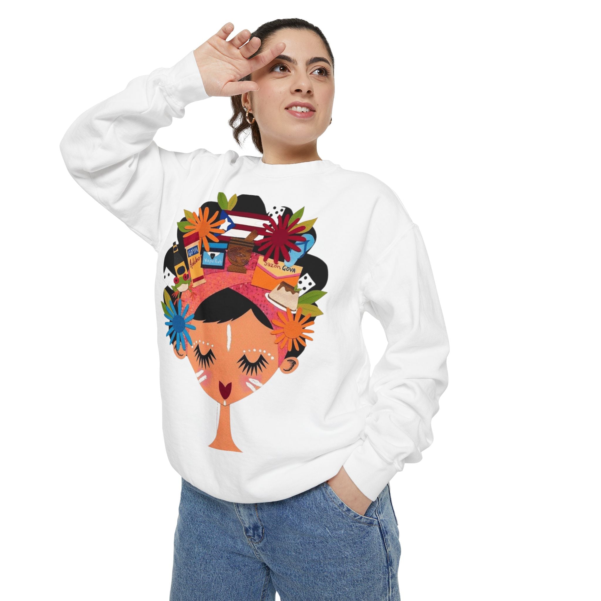Floral Fiesta Sweatshirt — Colorful Tropical Woman Graphic Puerto Rico Navidades