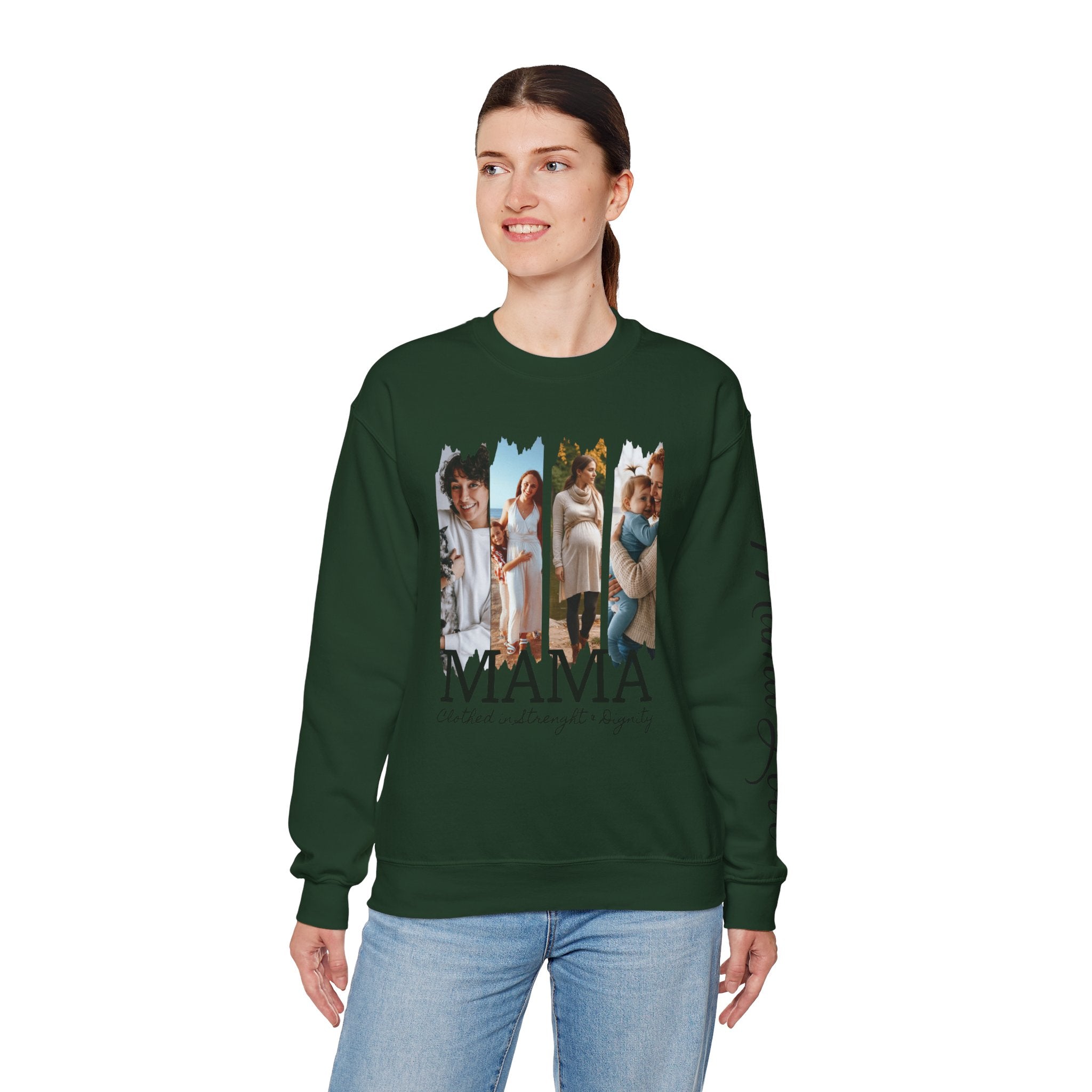 Mama Photo Collage Sweatshirt — "MAMA: clothed in strength & dignity" Sleeve Script