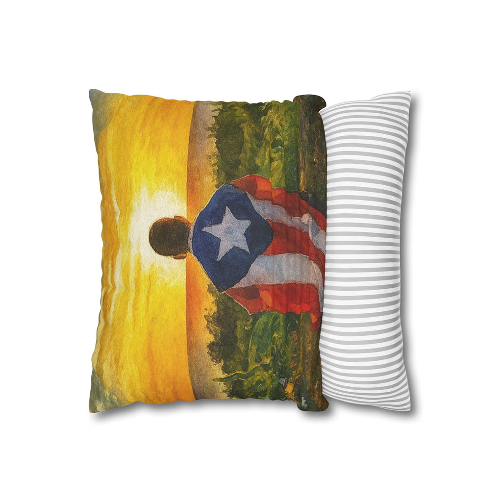 Puerto Rican Flag Sunset Pillowcase  Boy Draped in Puerto Rico Flag Decorative Throw Pillow Puerto Rico Culture Pillow