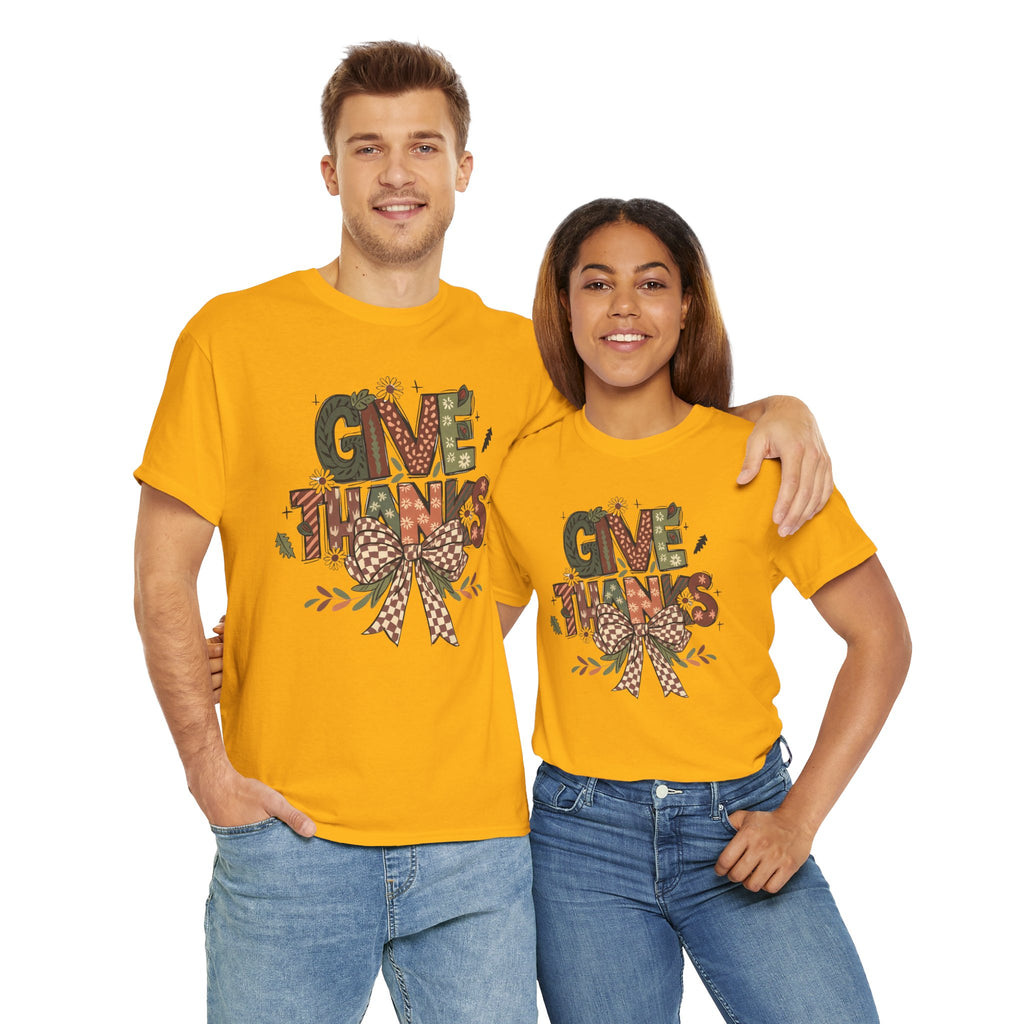 Give Thanks Tee Thanksgiving Graphic T-Shirt with Rustic Bow Design