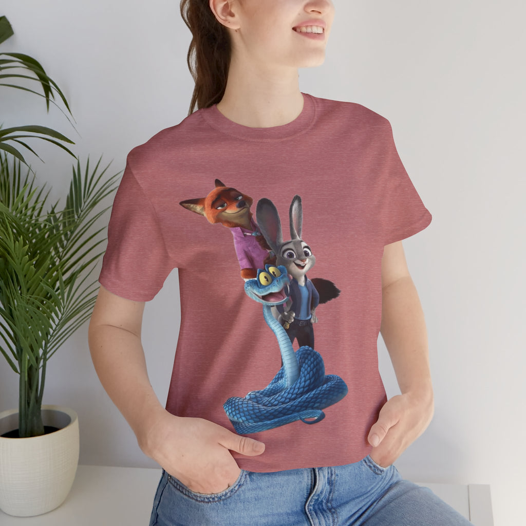 Animated Character Tee — Cute Fox & Bunny Stack Graphic T-Shirt  cartoon-style Christmas artwork