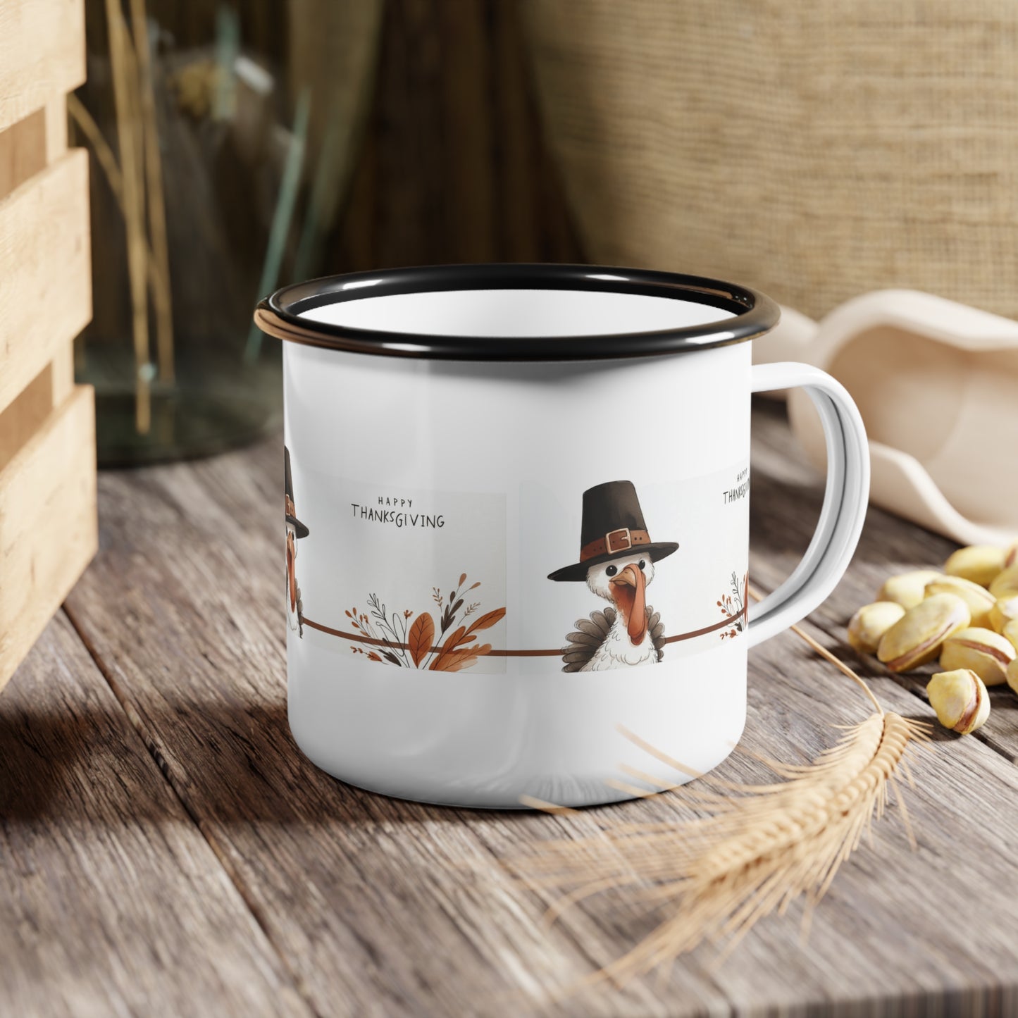 Thanksgiving Enamel Camp Cup with Turkeys Cozy Fall Mug