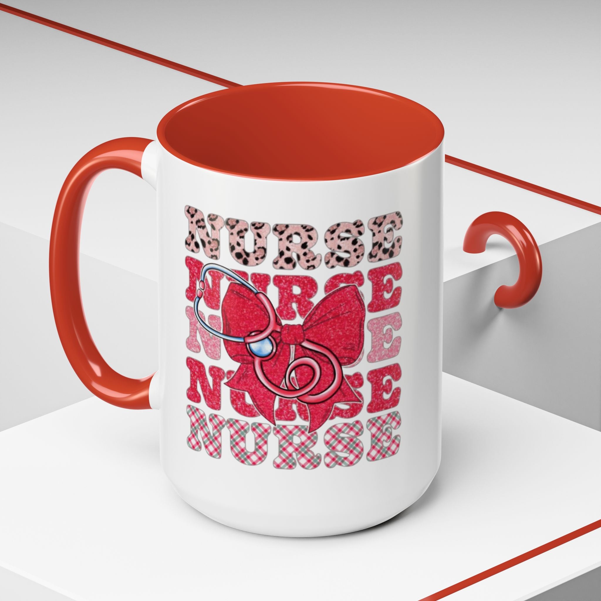 Nurse Stethoscope Bow Accent Coffee Mug — Cute Leopard & Plaid Healthcare Gift (11/15oz) Medical Christmas Mug