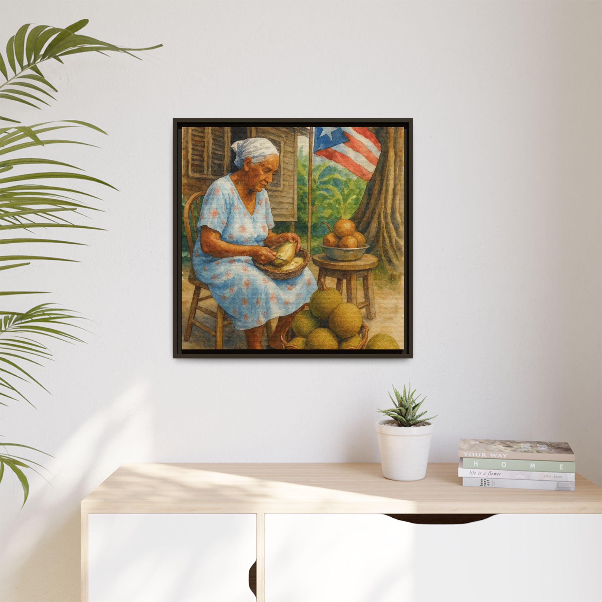 Cultural & Story-Driven These Puerto Rico inspired  Framed Matte Canvas Print  Woman Shelling Fruit Vintage Tropical Painting