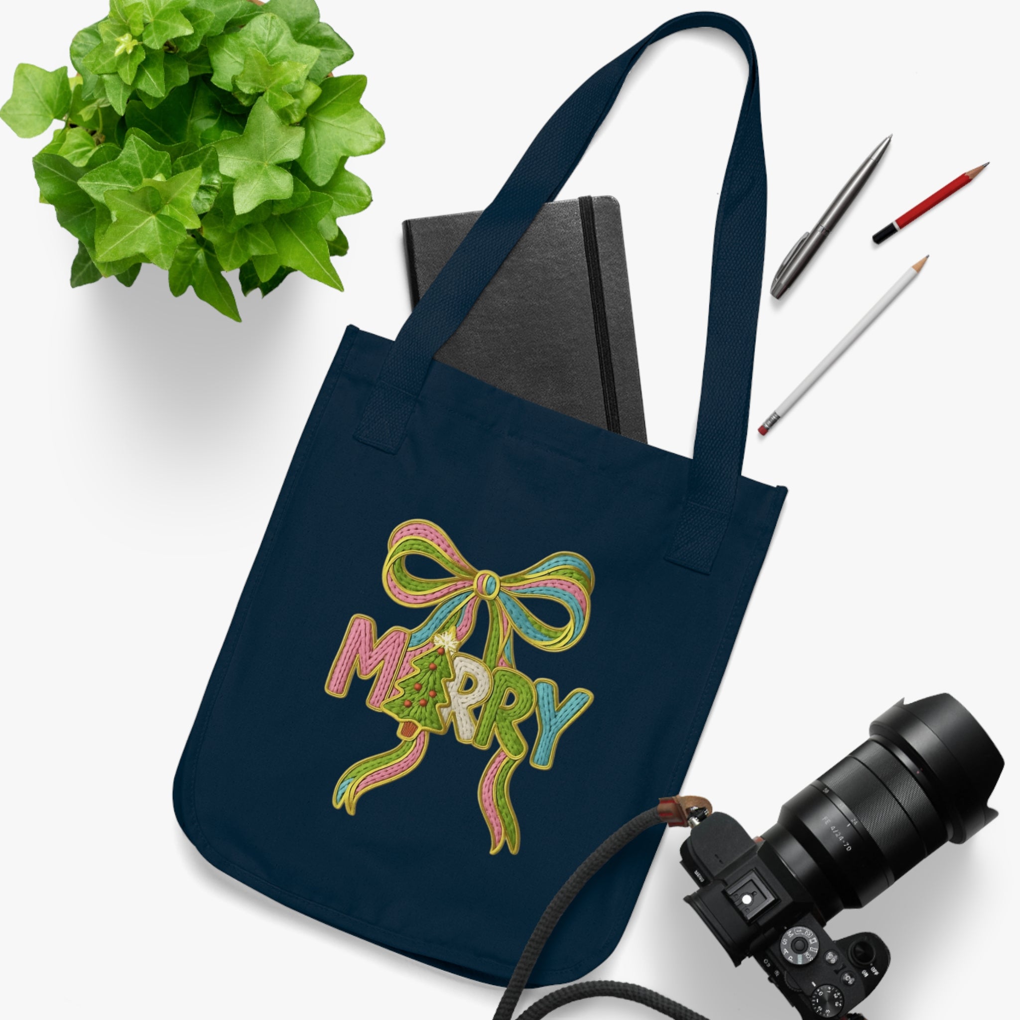 Tote Bag 'Merry' Ribbon Christmas Canvas Tote Organic Holiday Market Bag Christmas gift tote