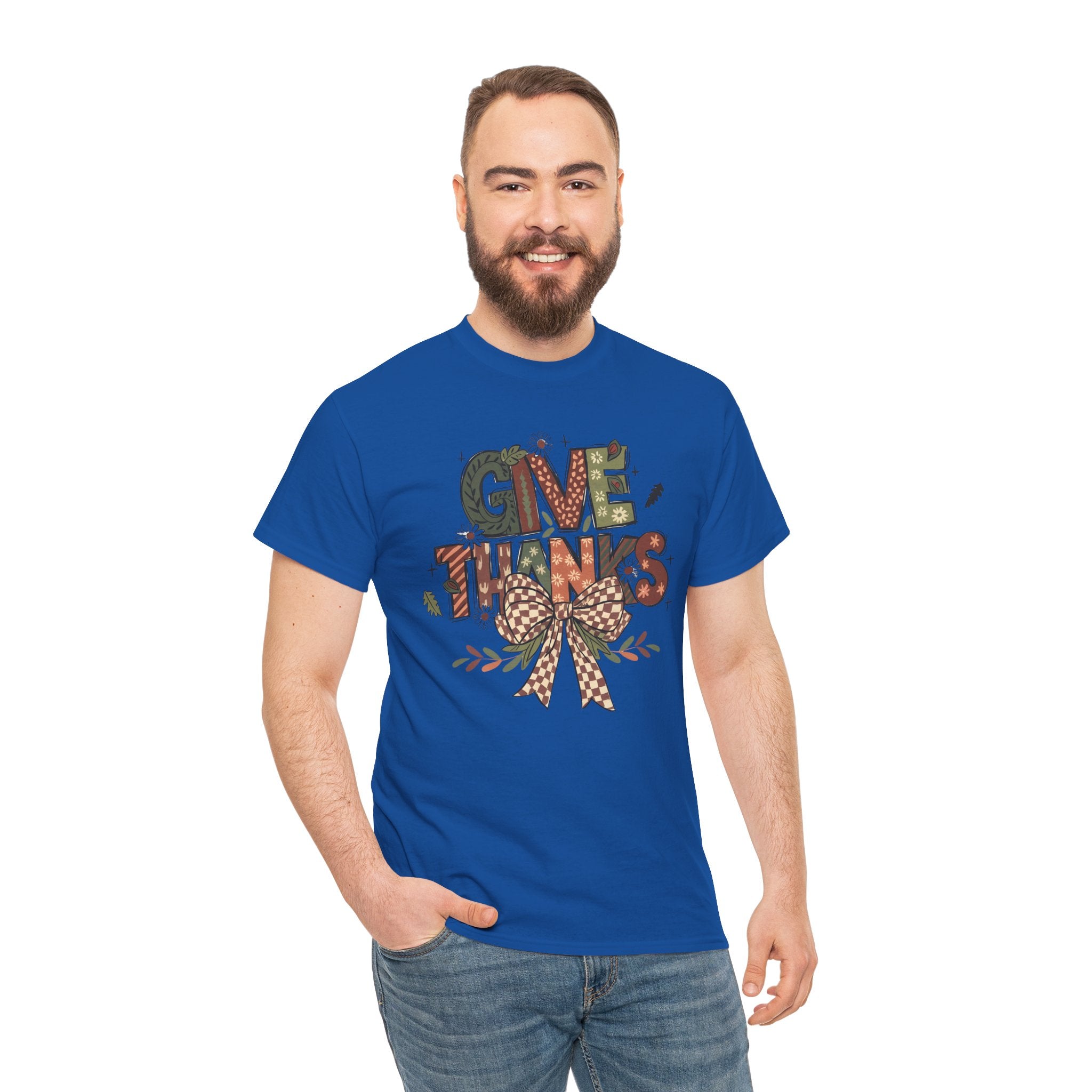 Give Thanks Tee Thanksgiving Graphic T-Shirt with Rustic Bow Design