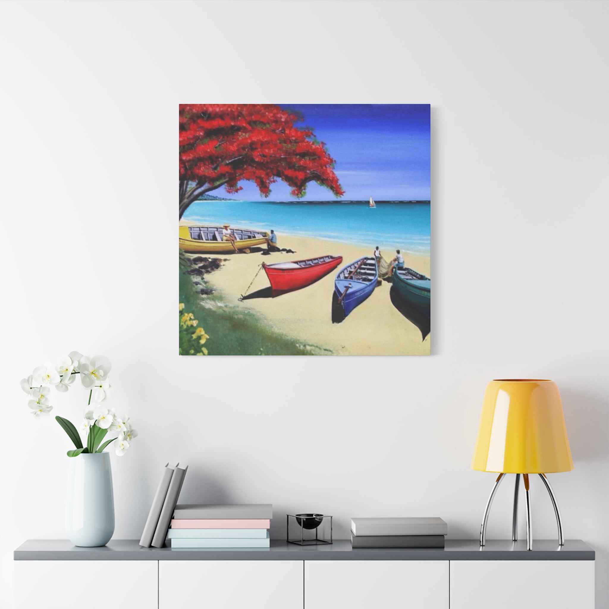 Beach Canoes Canvas Wall Art Tropical Seaside Landscape Matte Stretched Canvas
