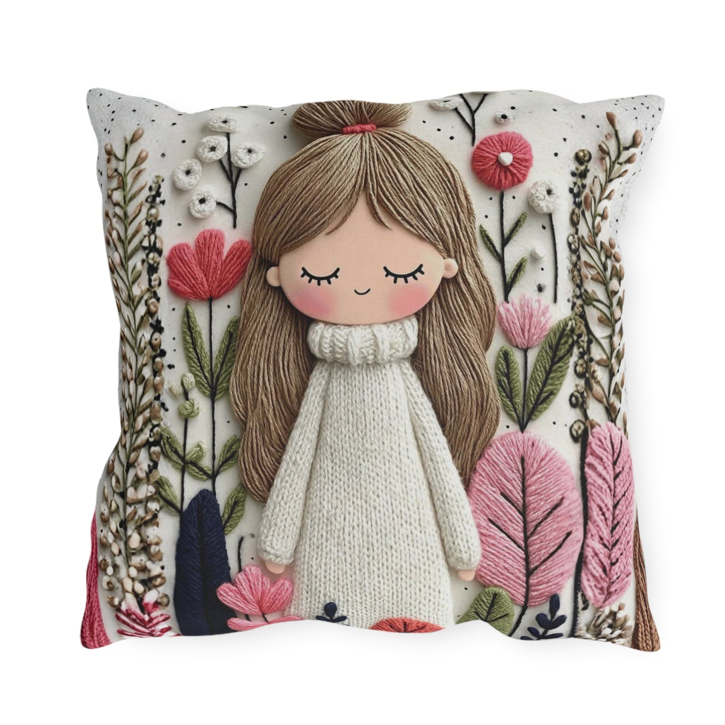 Cute Girl Floral Outdoor Pillow — Whimsical Garden Accent Cushion