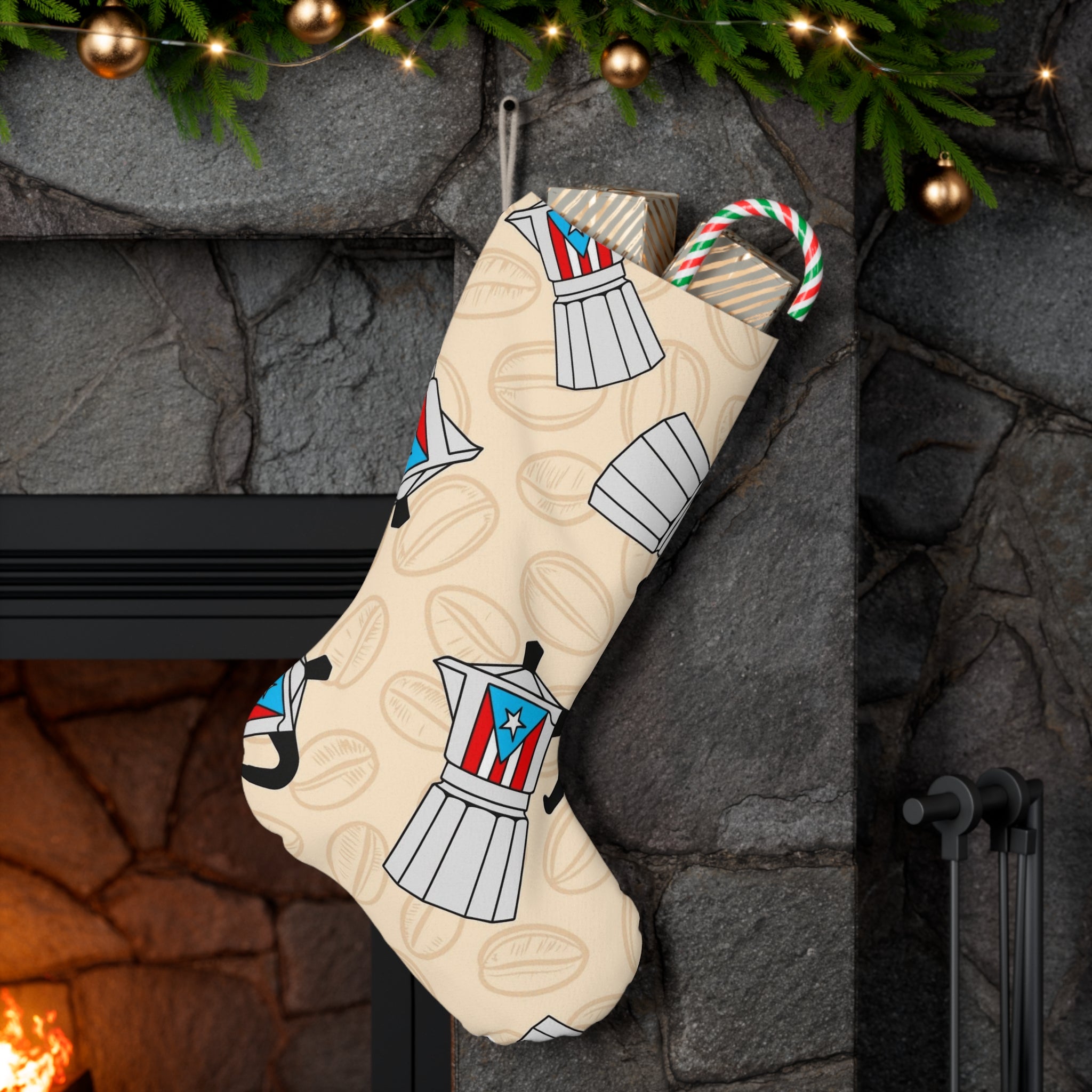 Puerto Rican Coffee Maker Christmas Stocking, Festive Holiday Decor, Stocking Stuffers, Unique Gift for Coffee Lovers, Merry Xmas Decoration