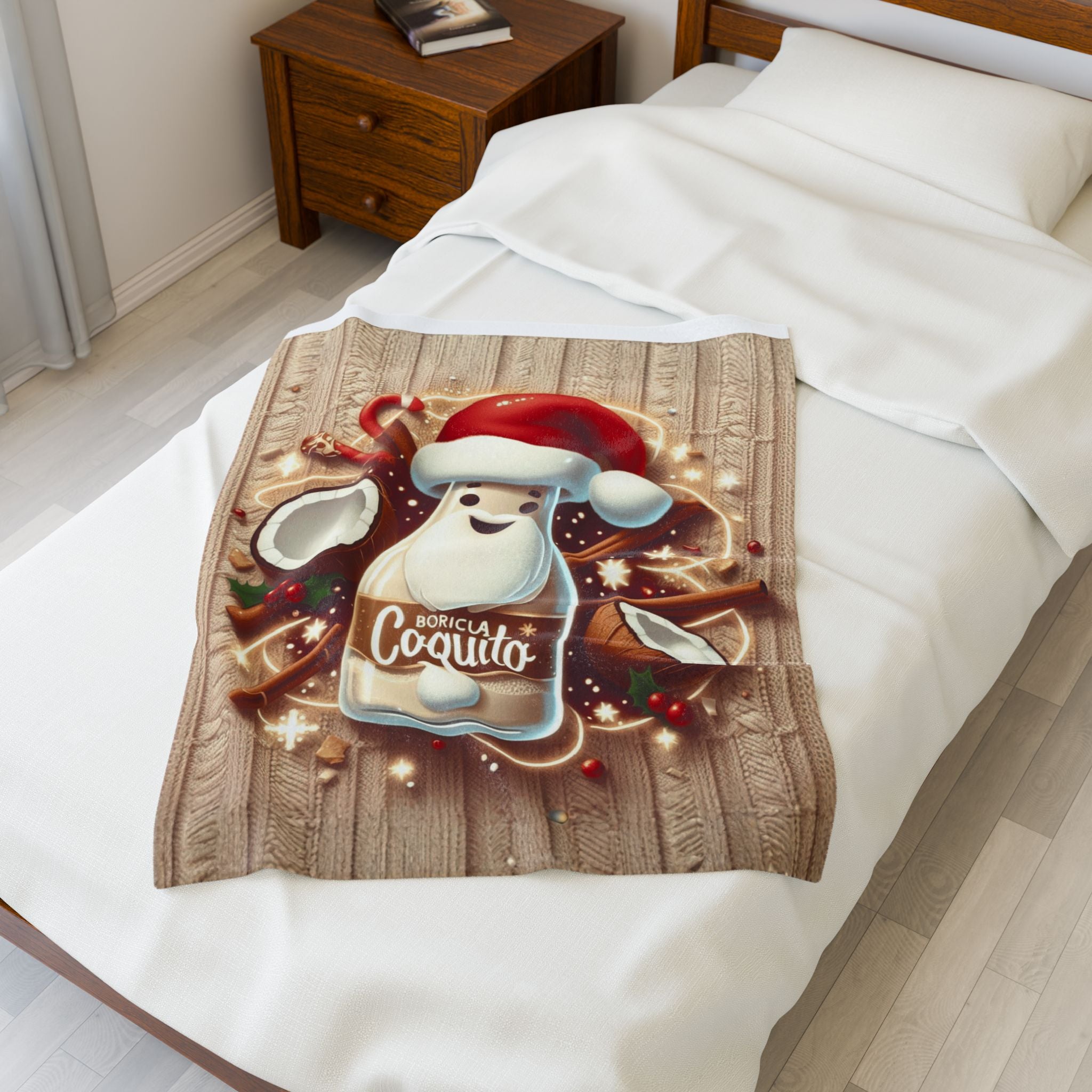 Coquito Santa Velveteen Plush Blanket Holiday Puerto Rican Coquito Design