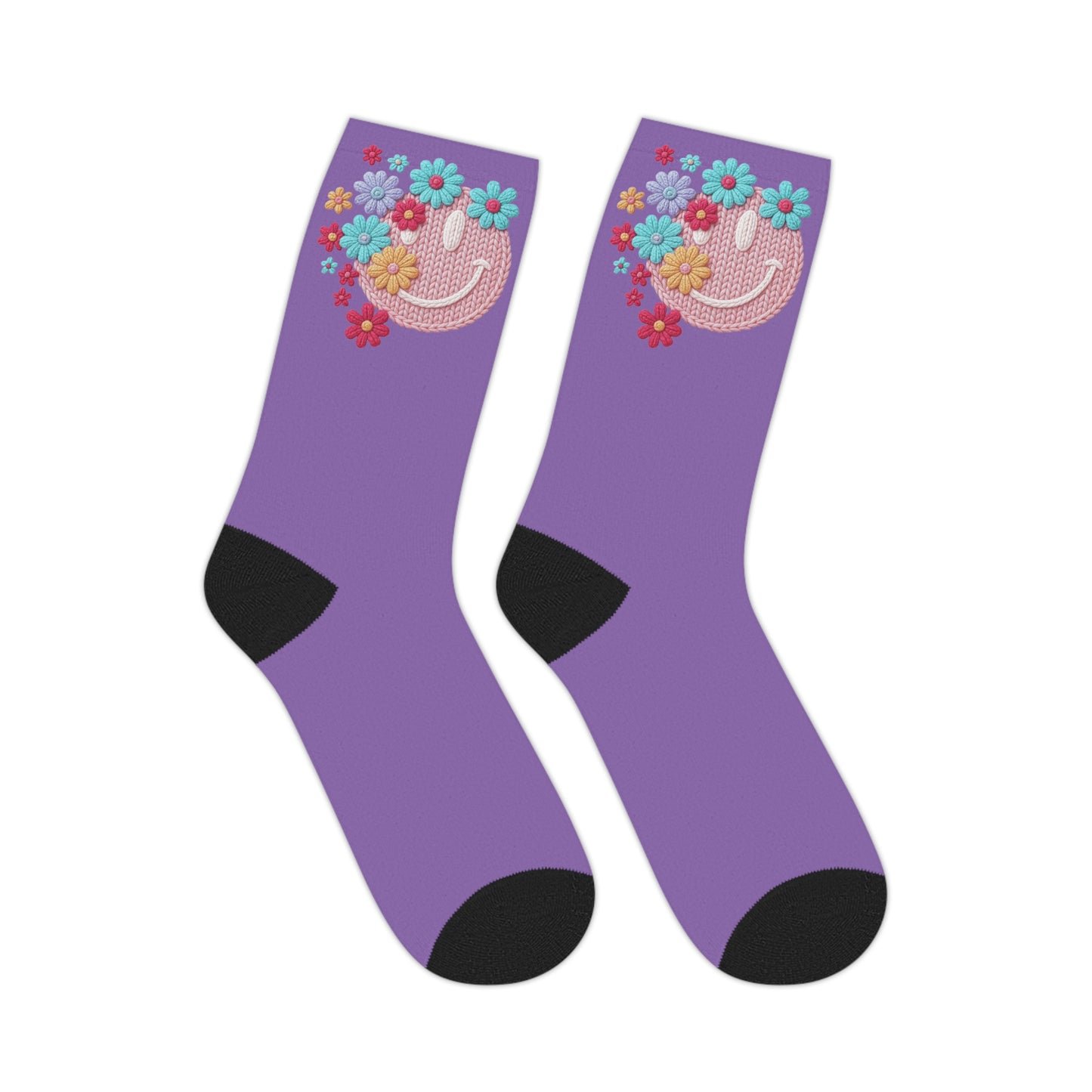 Purple Floral Smiley Mid-Length Socks — Cute Crochet Smile & Colorful Flowers