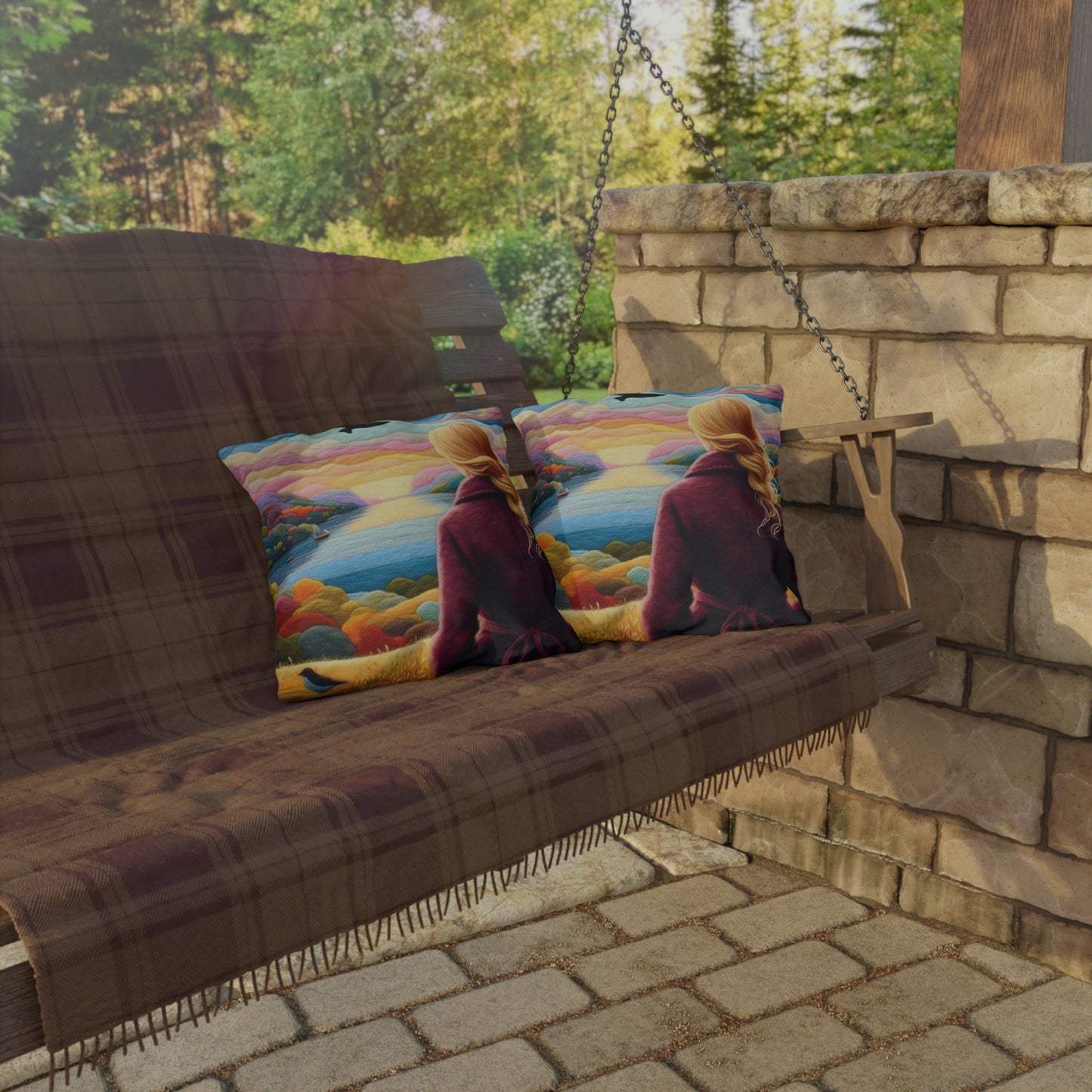 Scenic Lakeview Outdoor Pillow — Woman Overlooking Colorful Sunset Landscape