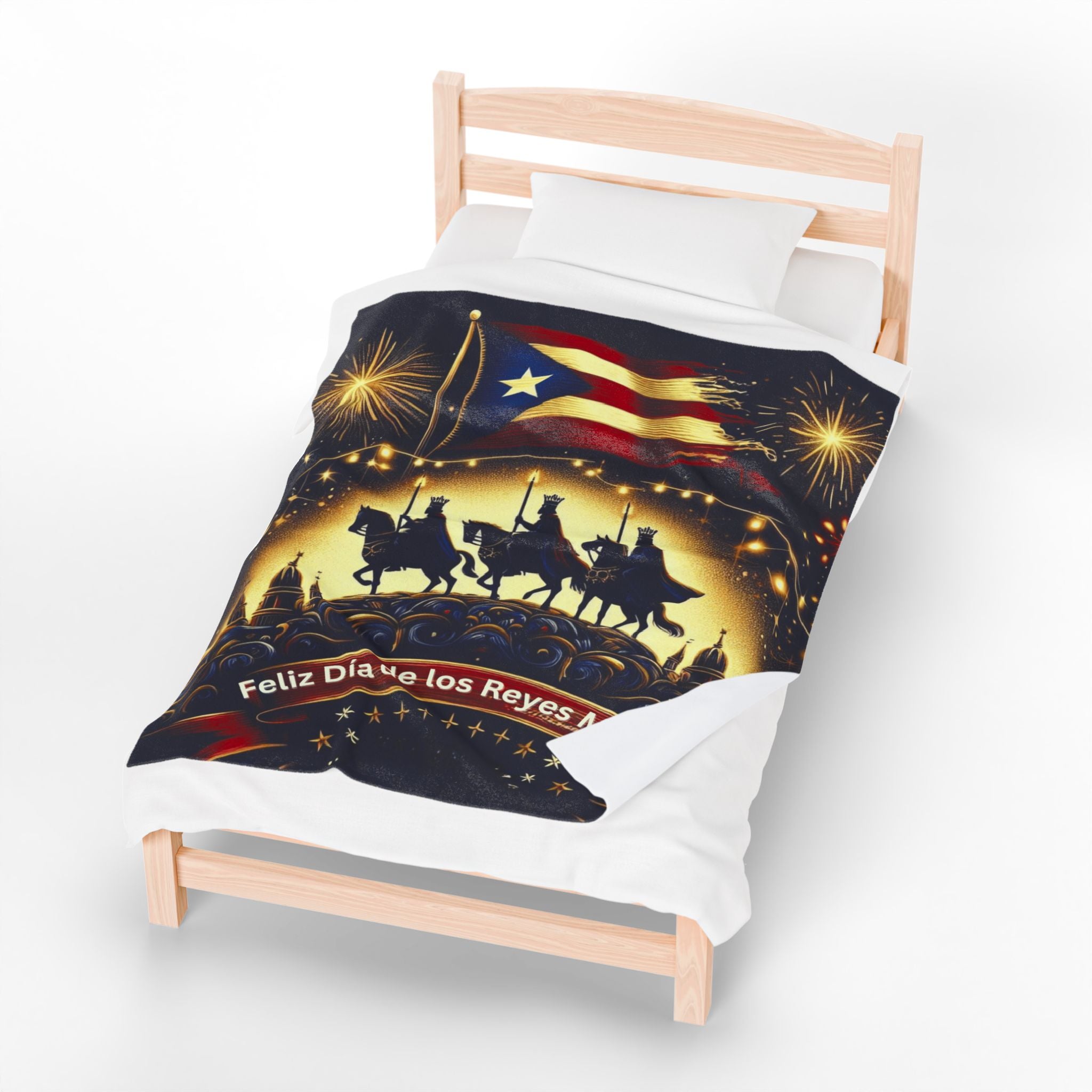 Velveteen Plush Blanket  Feliz Día de los Reyes Magos Puerto Rico Flag Holiday Throw