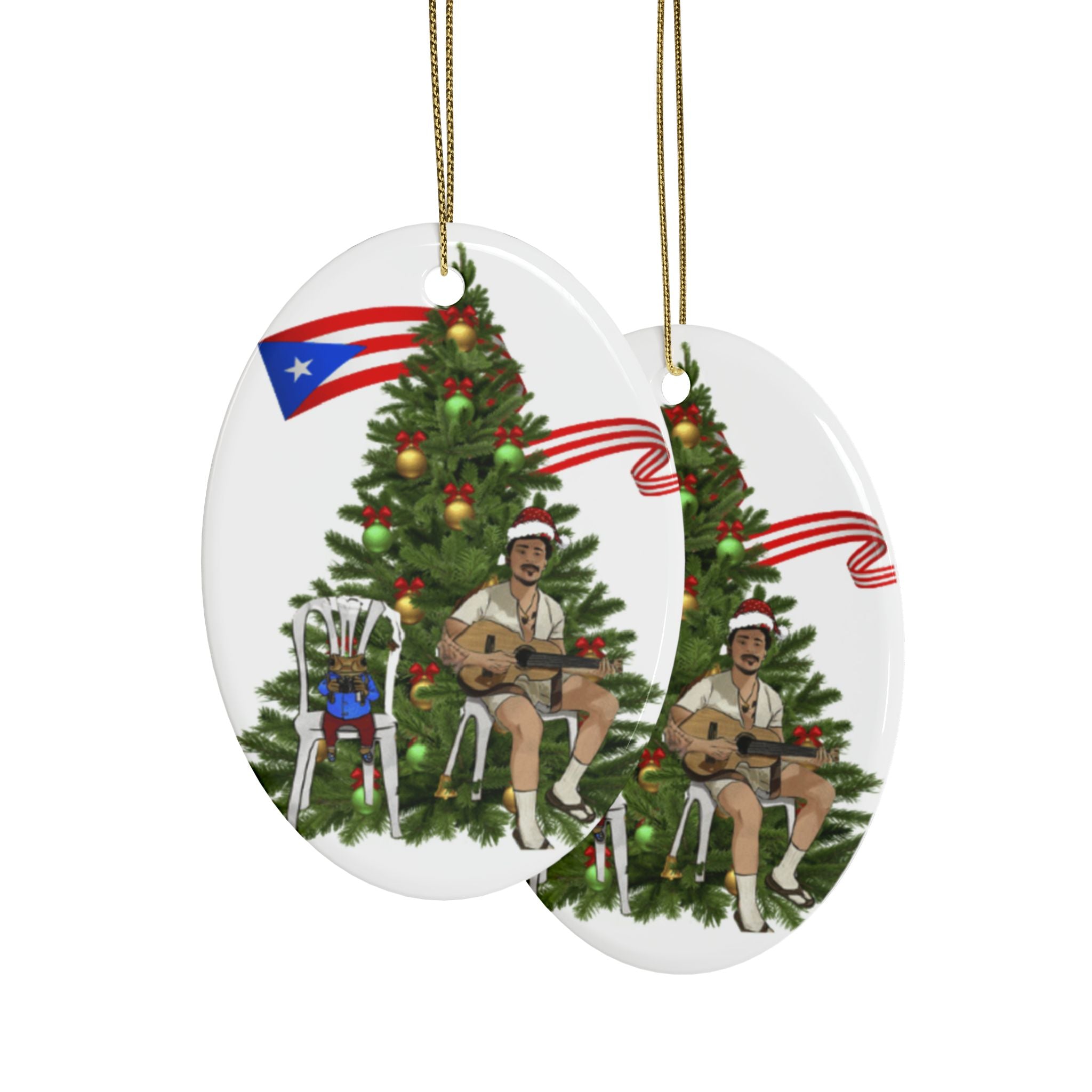 Puerto Rican Christmas Ornament Coquí & Palm Tree Ornament  Festive Tree with Guitarist Ceramic Heart Ornament