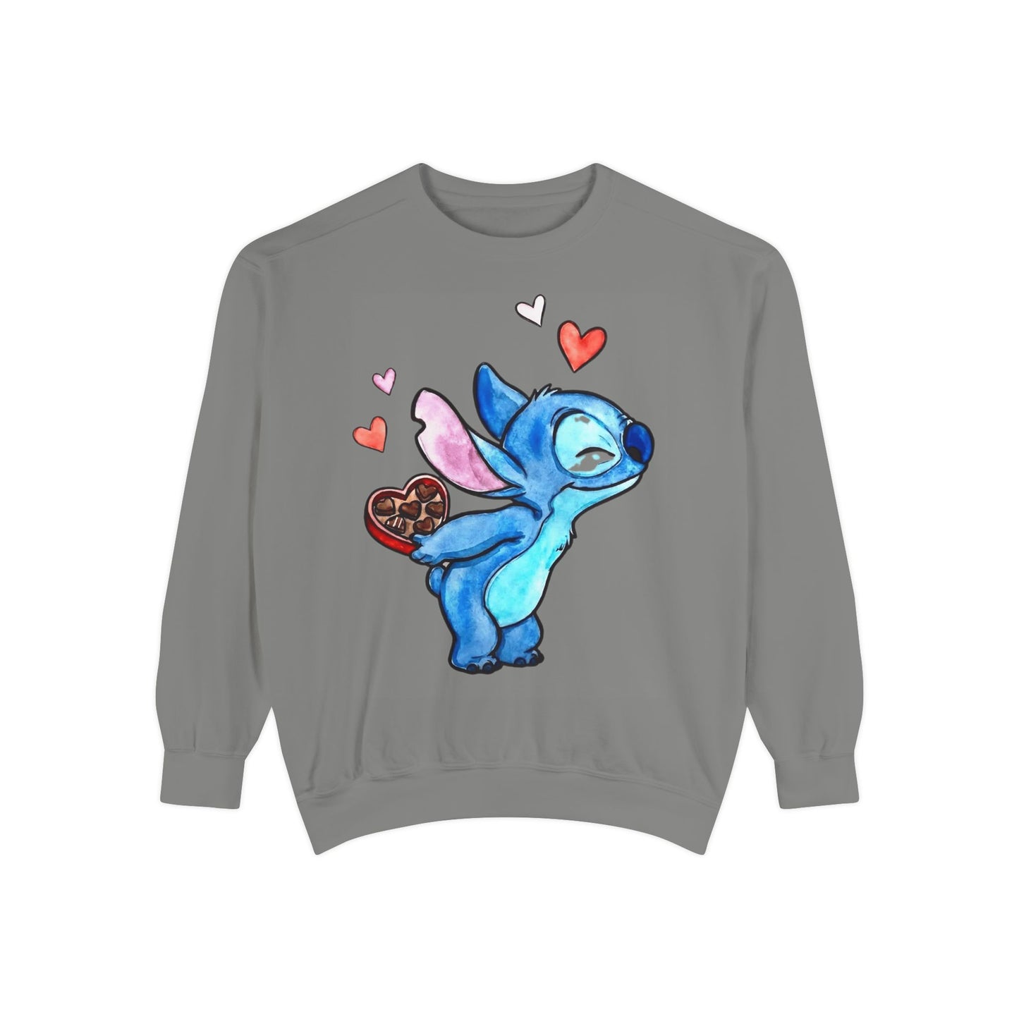 Stitch Valentine Sweatshirt — Cute Blue Alien with Hearts & Chocolate Pocket