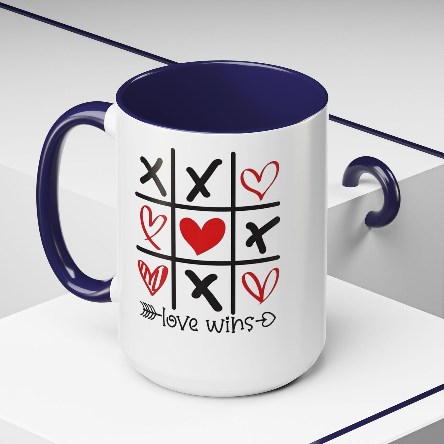 Love Wins Tic-Tac-Toe Heart Accent Coffee Mug — Romantic Valentine 11/15oz