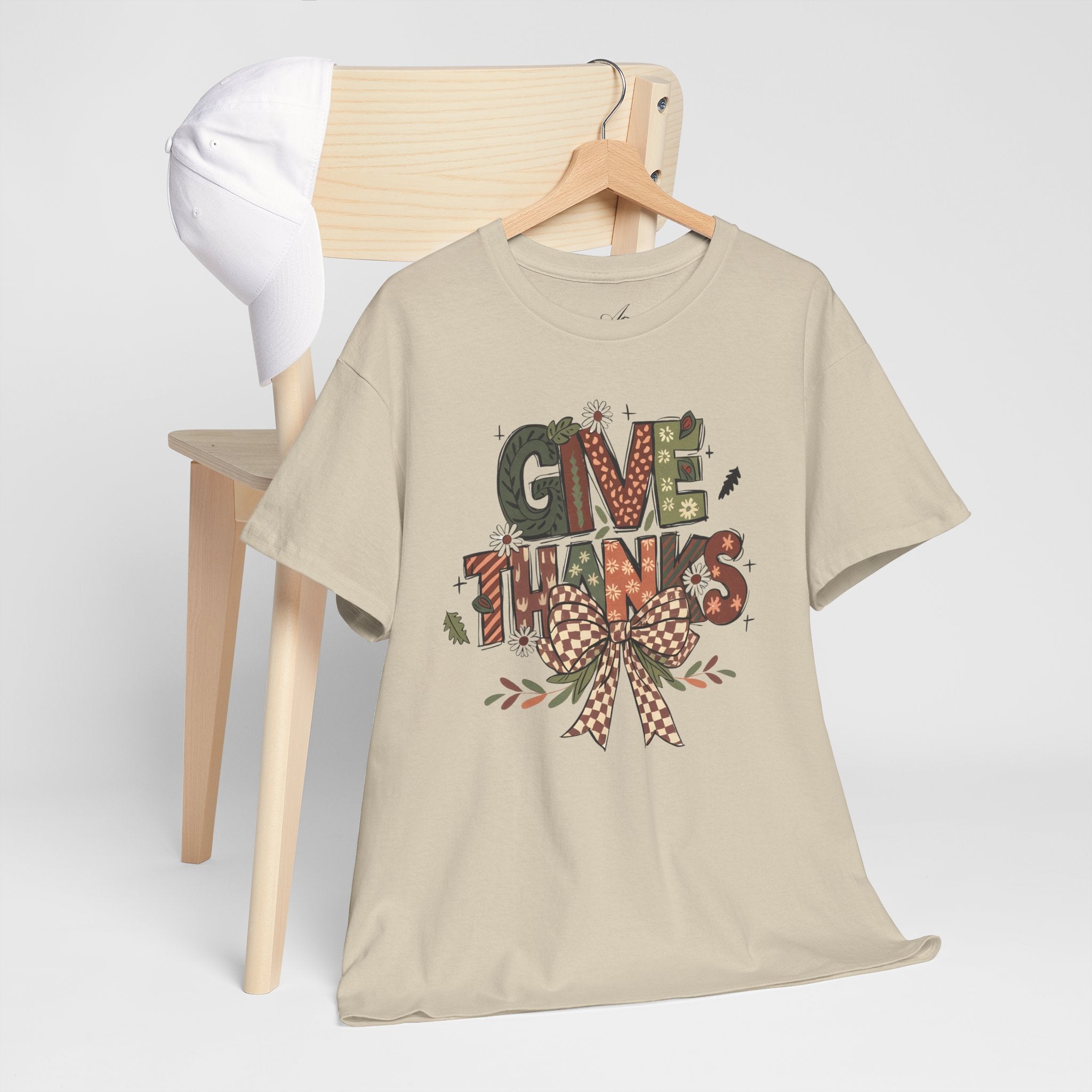 Give Thanks Tee Thanksgiving Graphic T-Shirt with Rustic Bow Design