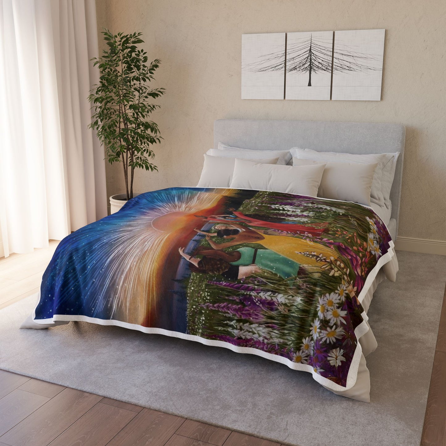 Sunset Dance Boho Sherpa Blanket – Cozy Fleece Throw for Nature Lovers & Evening Relaxation