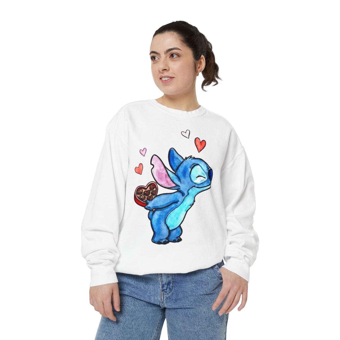 Stitch Valentine Sweatshirt — Cute Blue Alien with Hearts & Chocolate Pocket