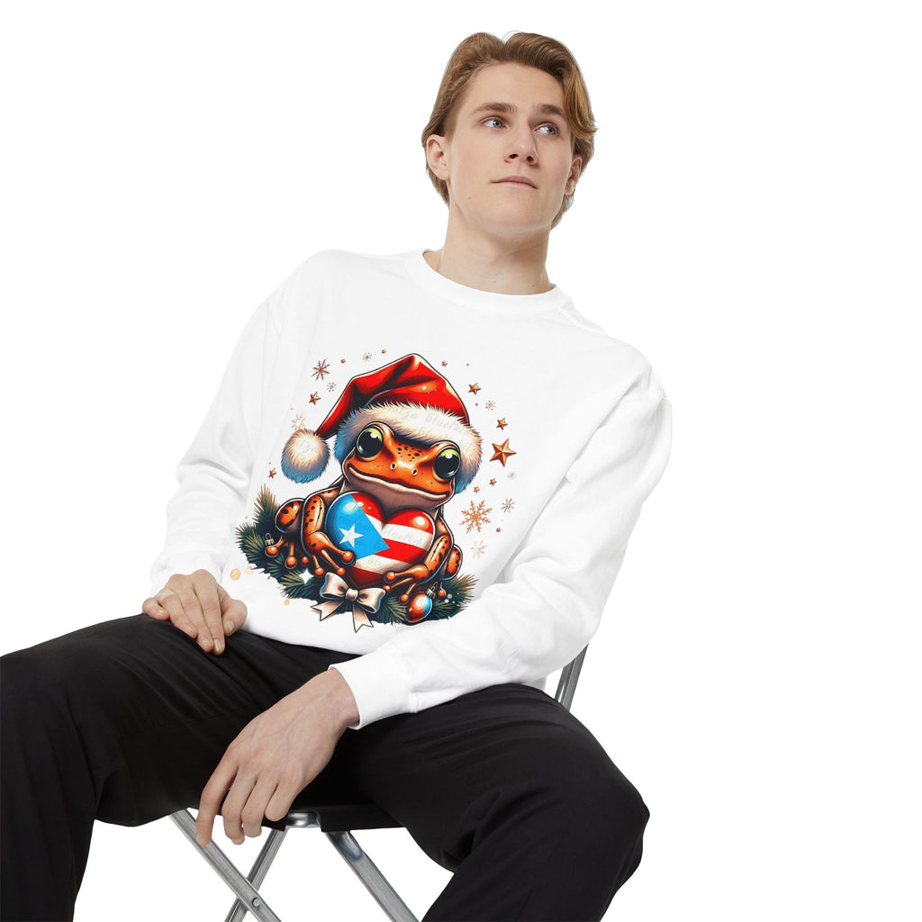 Christmas Coqui Sweatshirt — Cute Santa Frog Holding Ornament Holiday Sweater