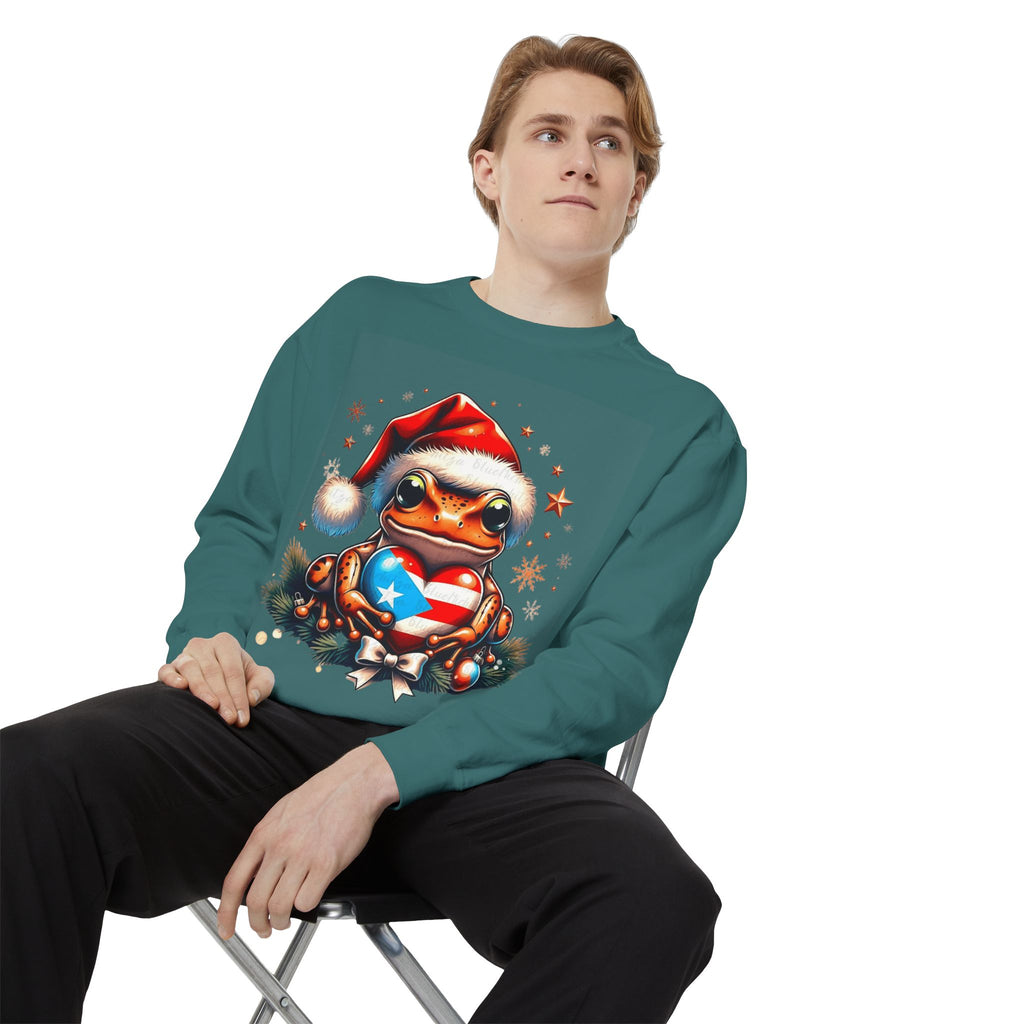 Christmas Coqui Sweatshirt — Cute Santa Frog Holding Ornament Holiday Sweater