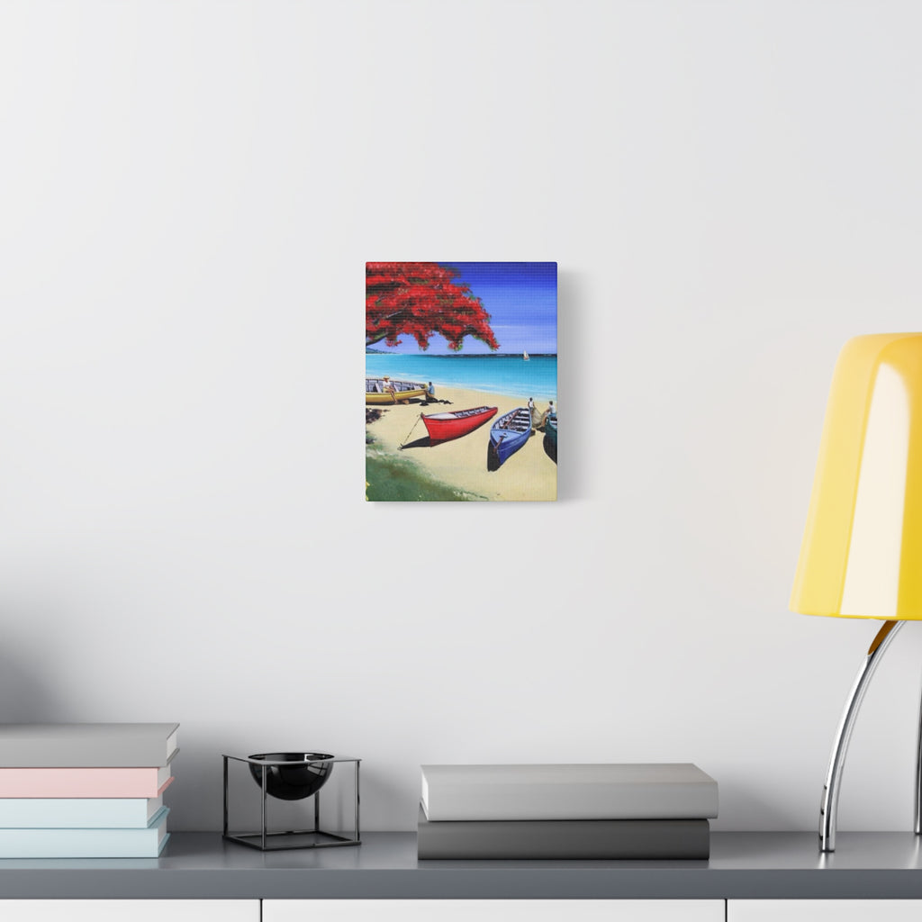 Beach Canoes Canvas Wall Art Tropical Seaside Landscape Matte Stretched Canvas