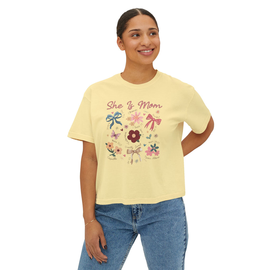 She Is Mom Floral Boxy Tee  Cute Mother’s Day Floral Graphic Shirt