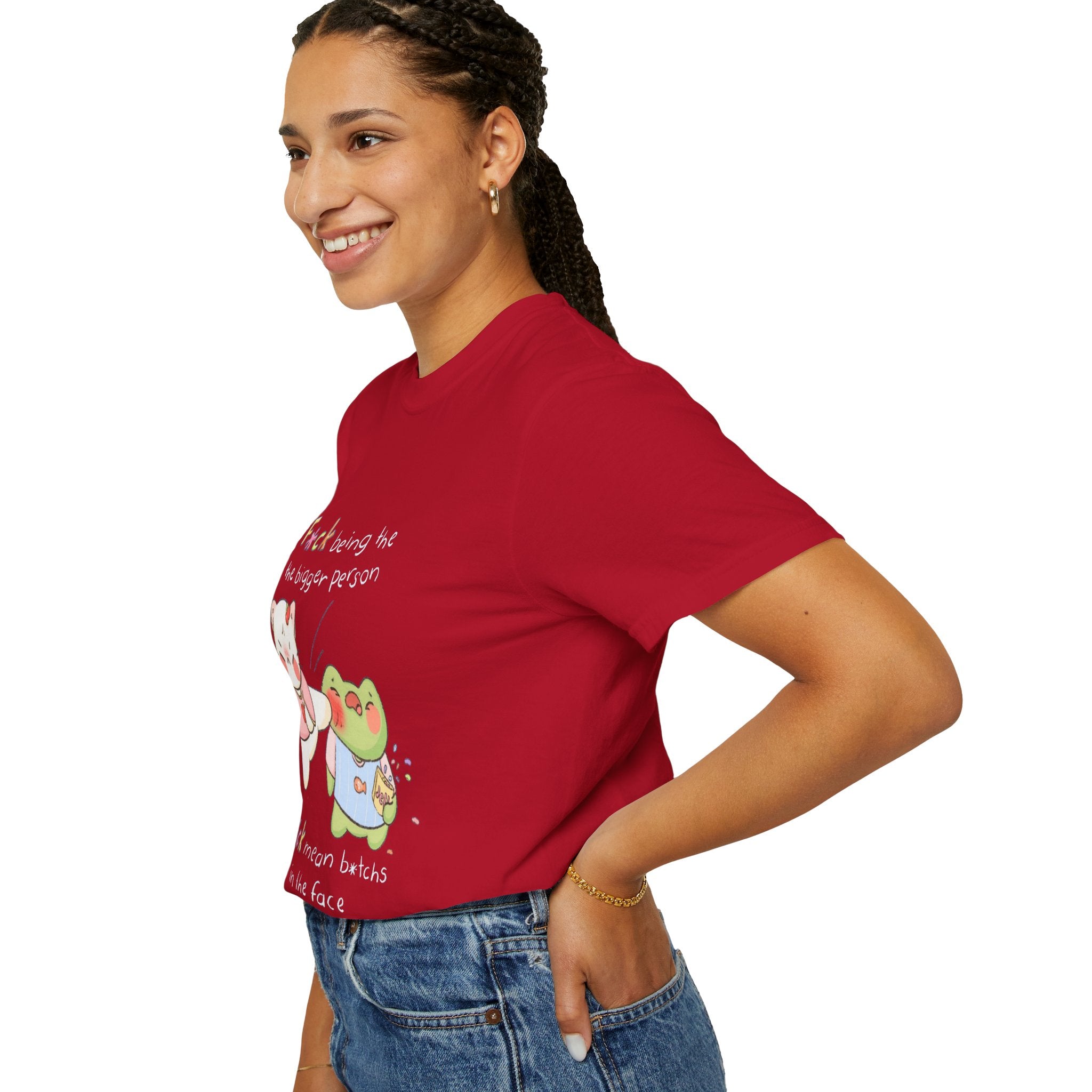 Graphic T-Shirt  Cute Kicking Cat & Frog with 'F*ck Being The Bigger Person' Slogan
