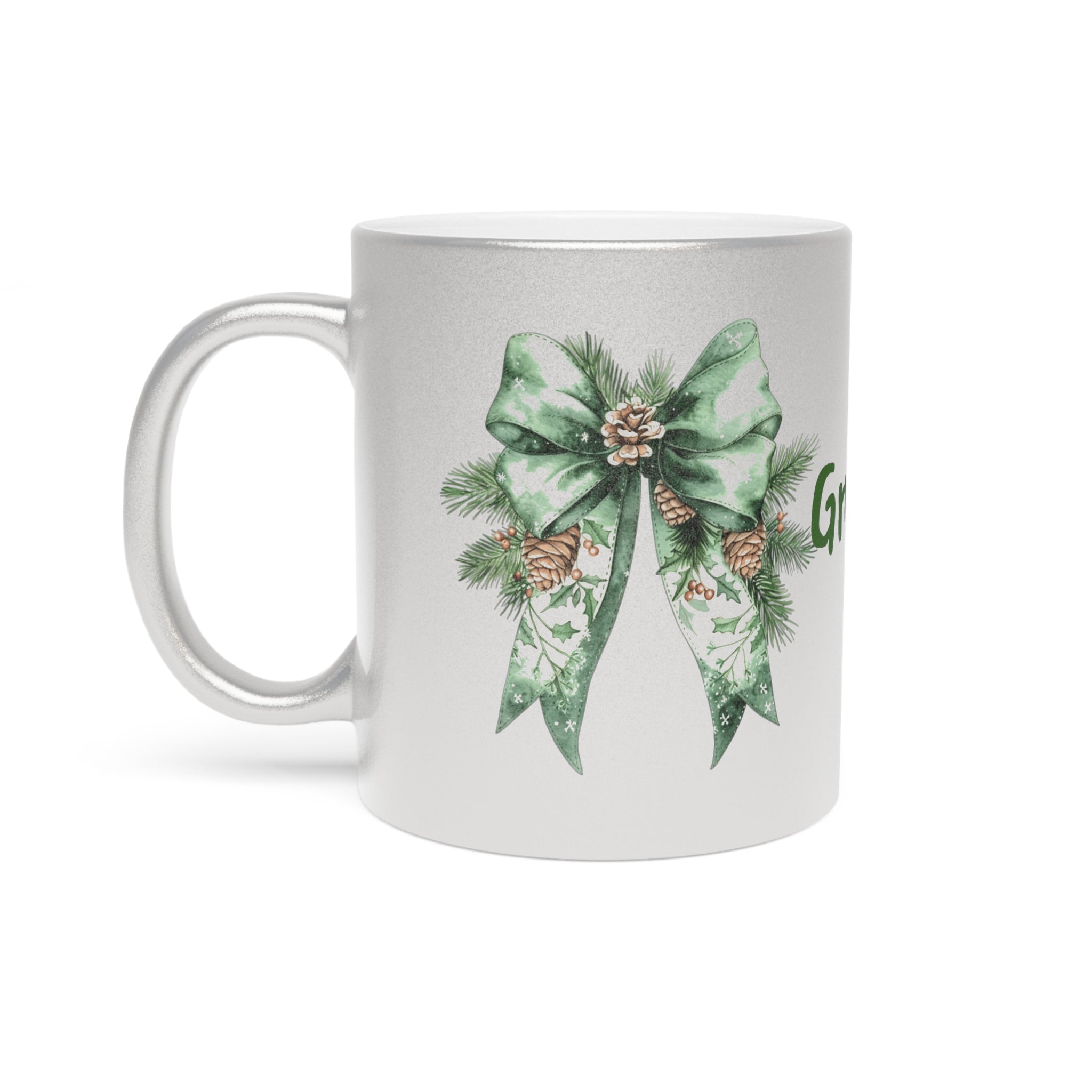 Grateful Holiday Metallic Mug - Silver/Gold with Festive Bow Design